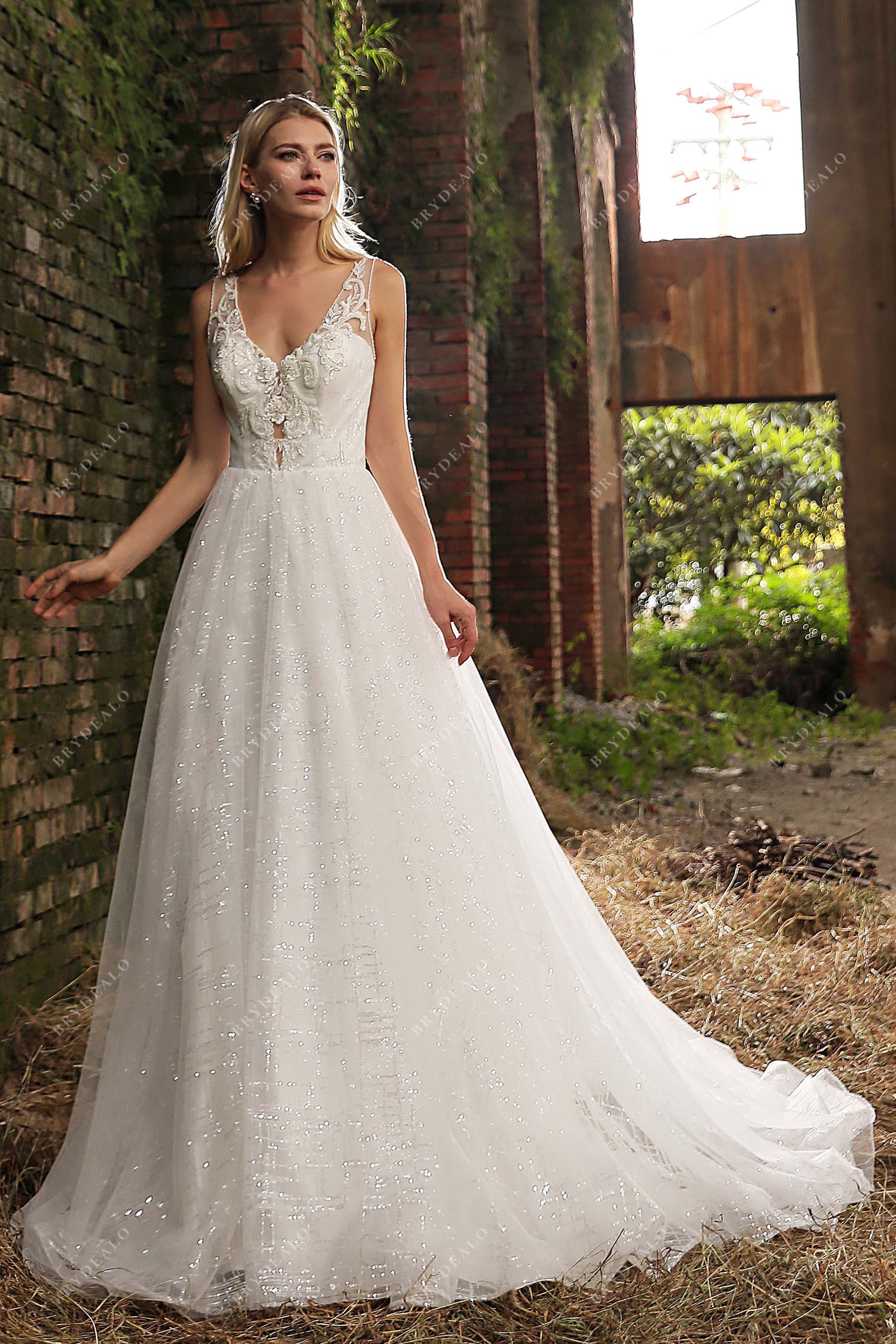 Sleeveless Beaded Lace Plunging V-neck A-line Sequined Bridal Dress