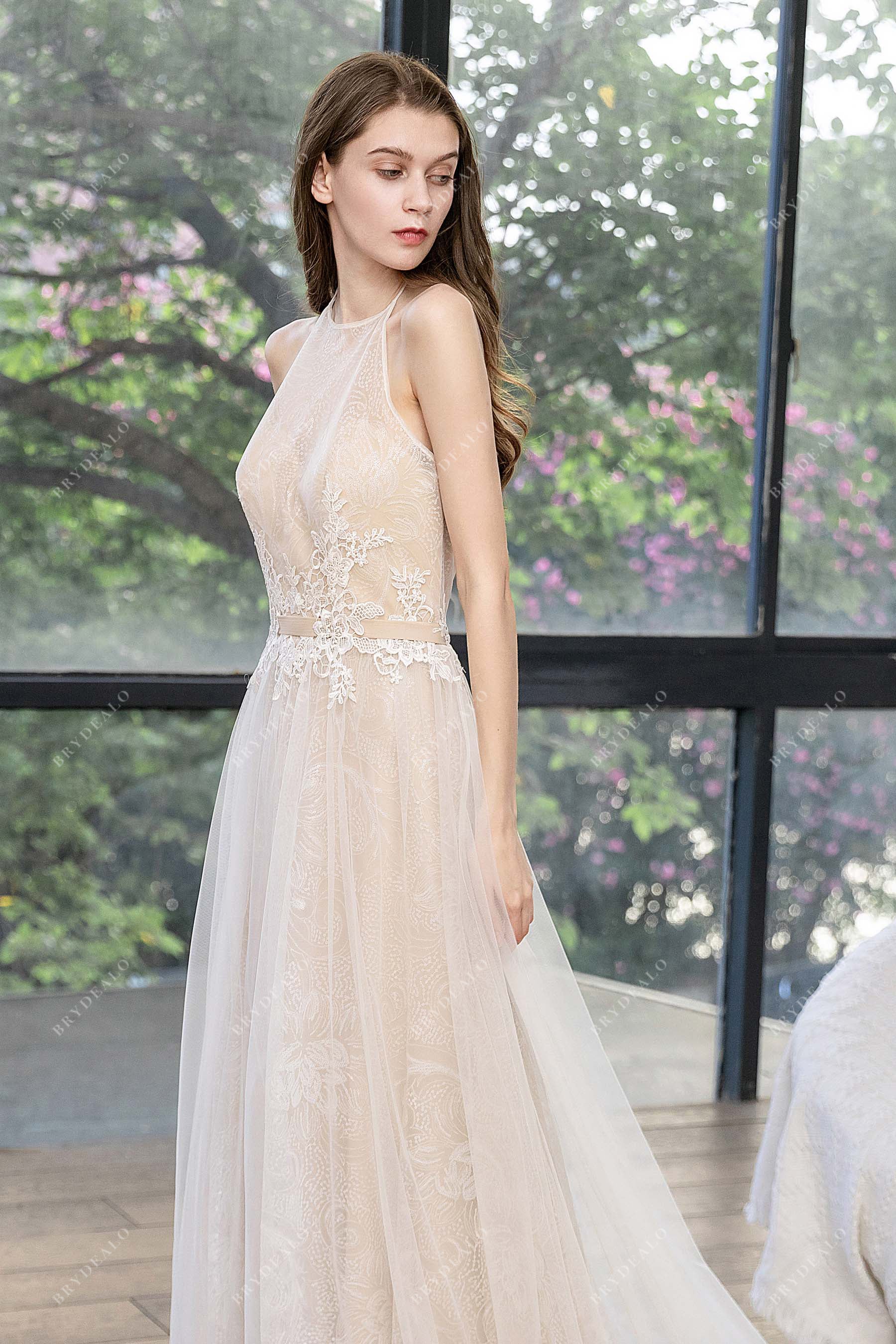 Sleeveless Lace Halter Thin Strap Lightweight Wedding Dress