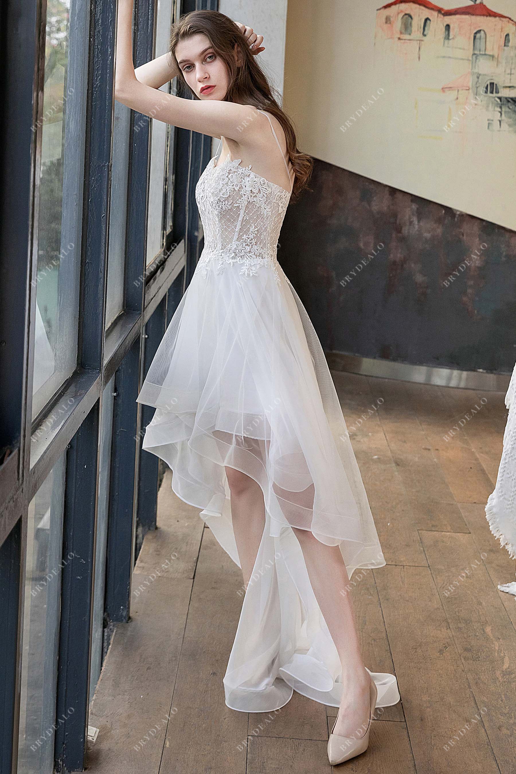 Sleeveless Sheer Lace Corset High Low Bridal Dress