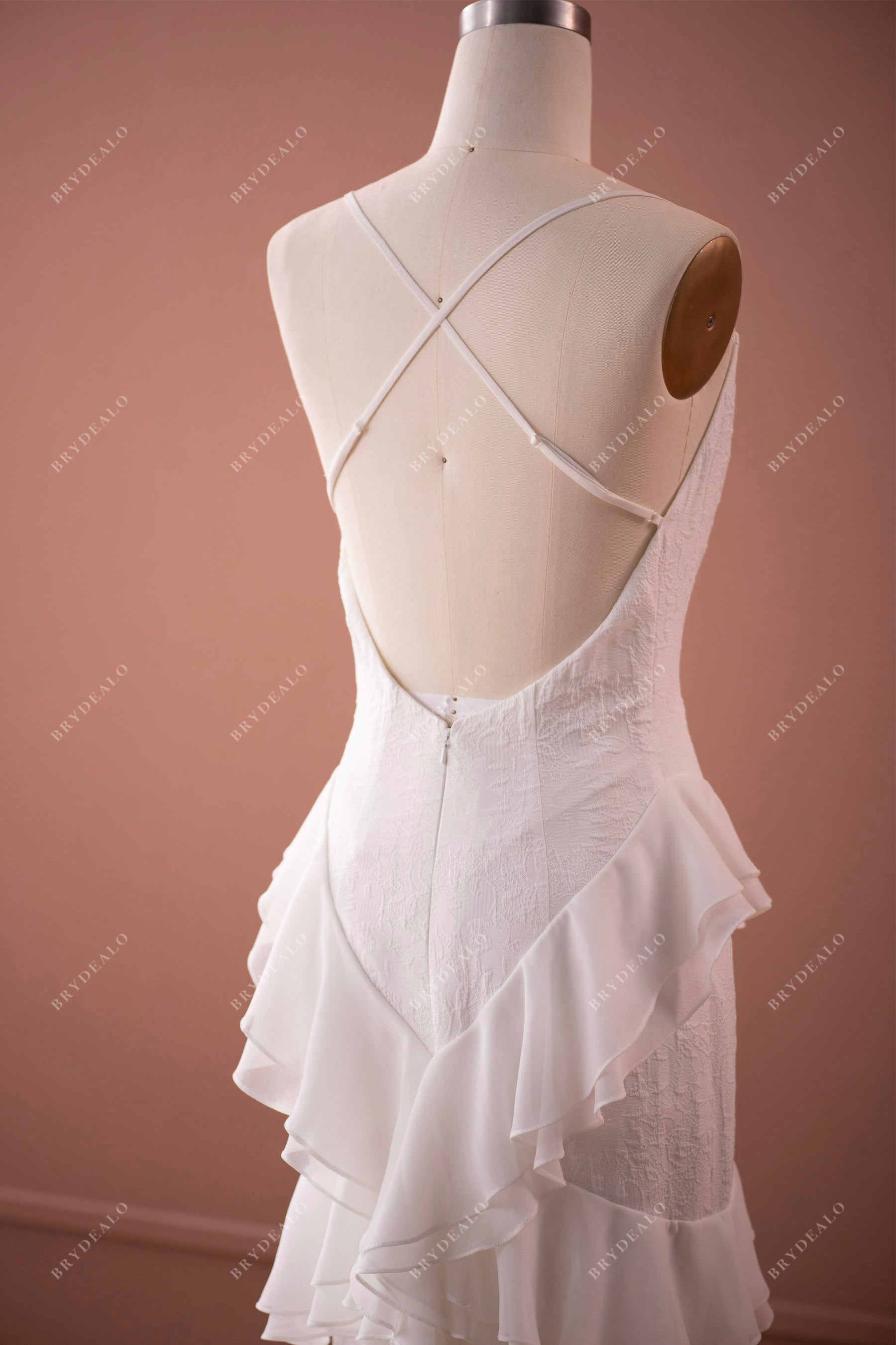 spaghetti strap criss cross back ruffled chiffon lace wedding dress
