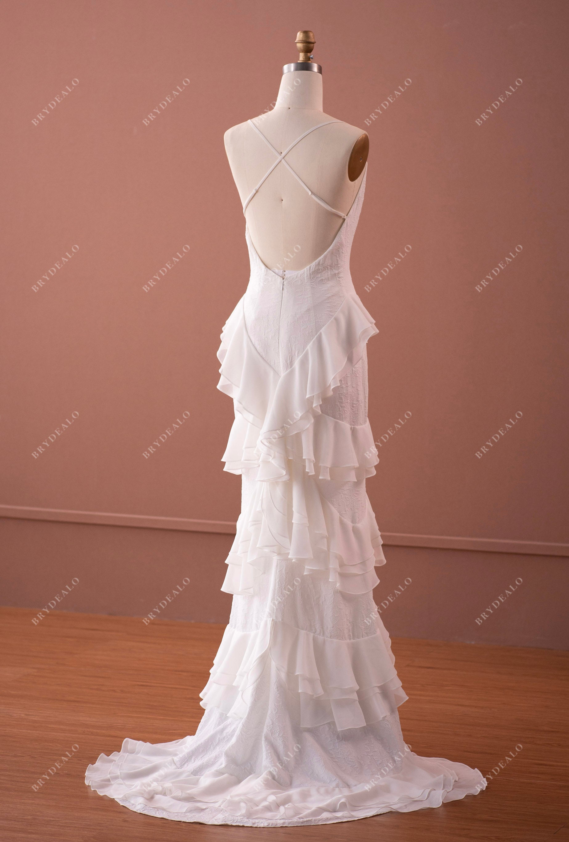spaghetti strap open back ruffled chiffon lace wedding dress