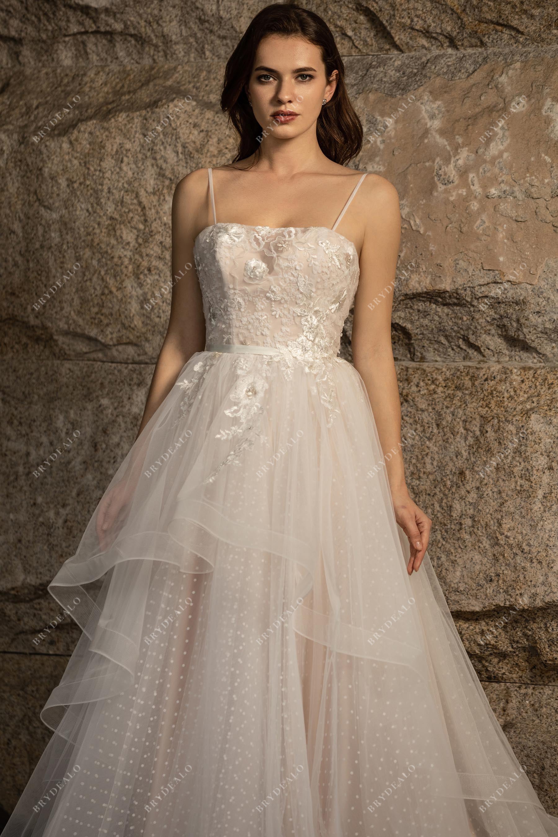 spaghetti straps peplum lace bridal gown