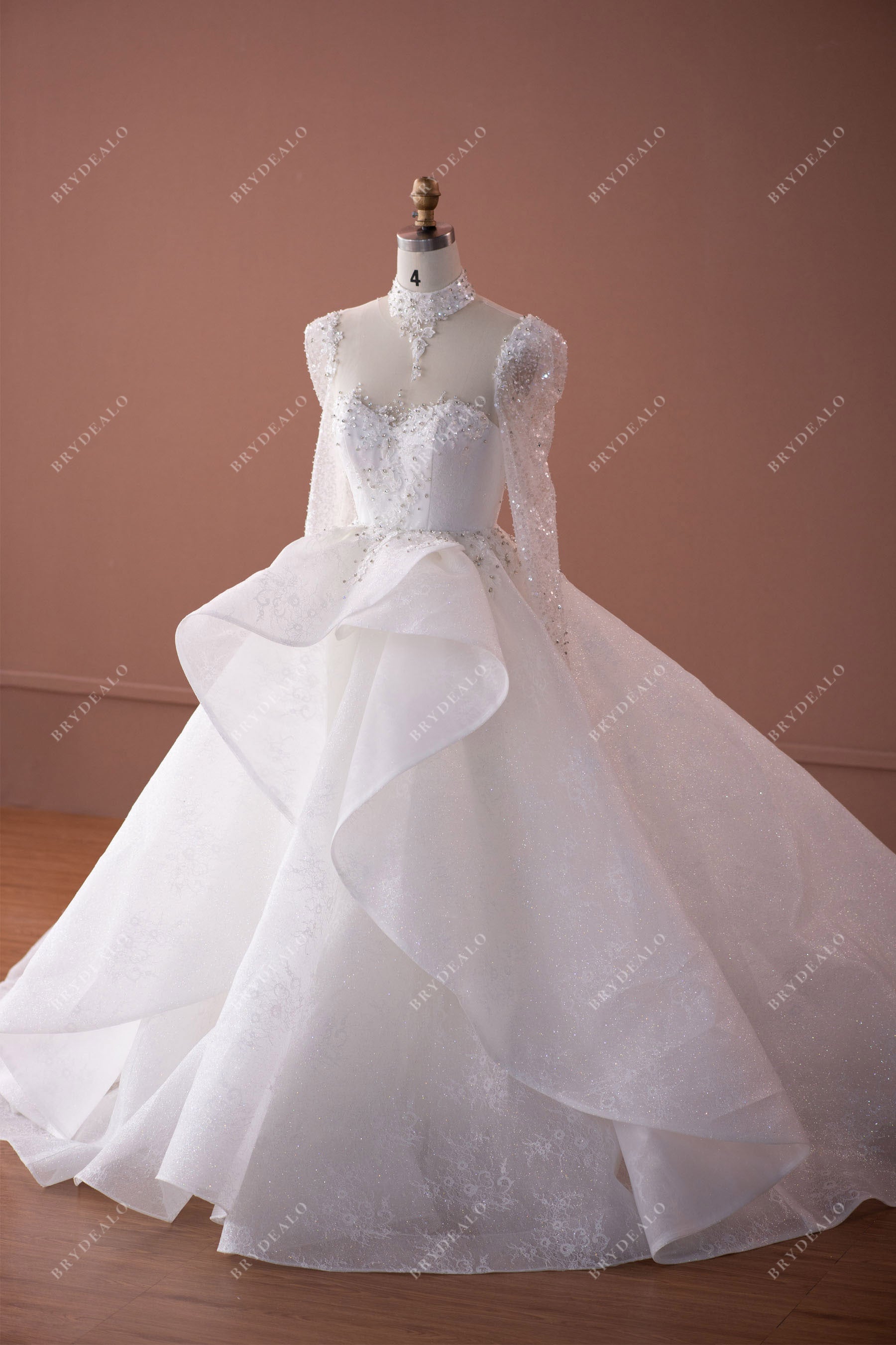 Luxury Sparkly Sleeved Choker Ballgown Wedding Dress with Detachable Overskirt