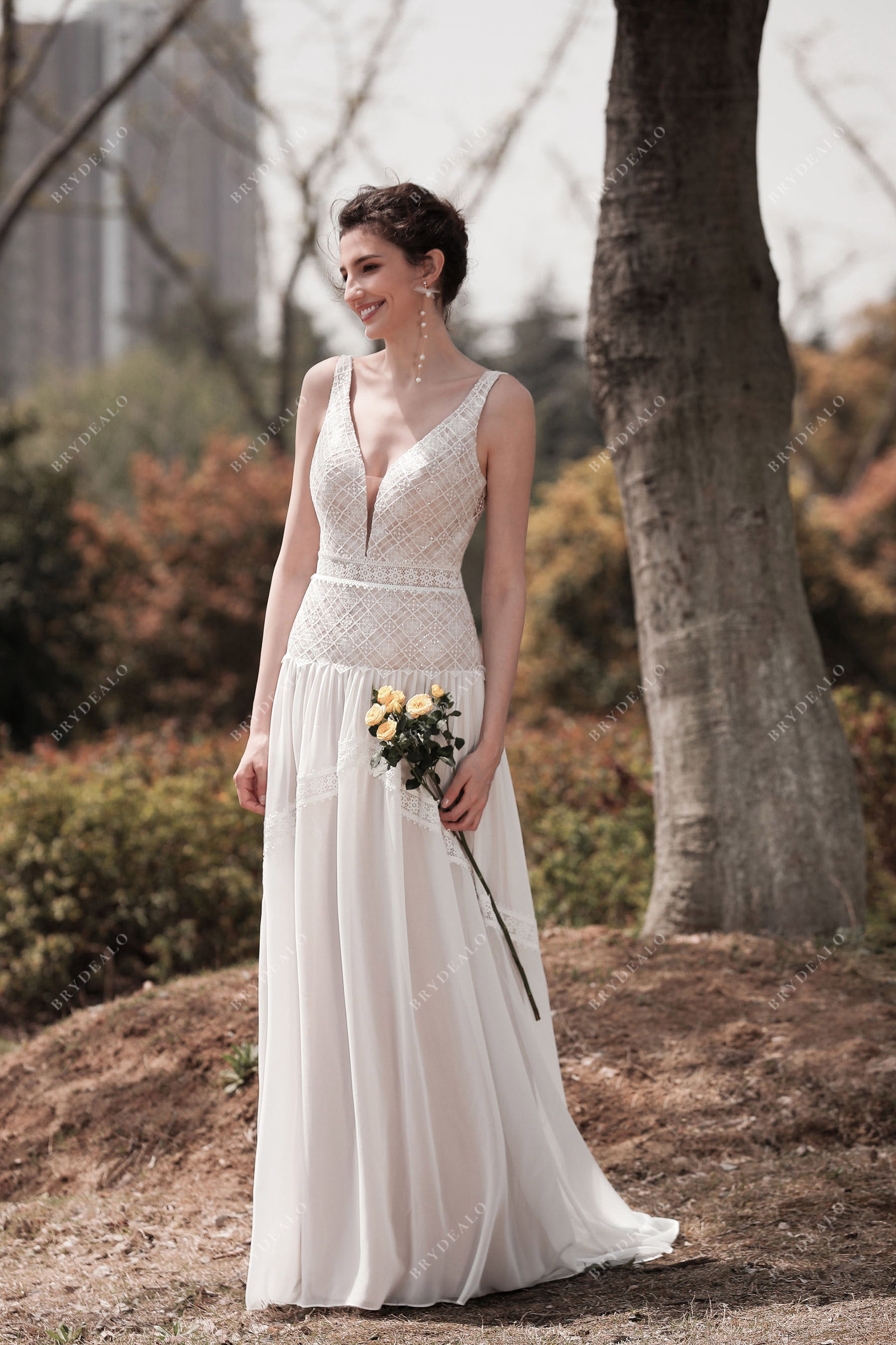 Strap Plunging Flowy Chiffon Boho Wedding Dress