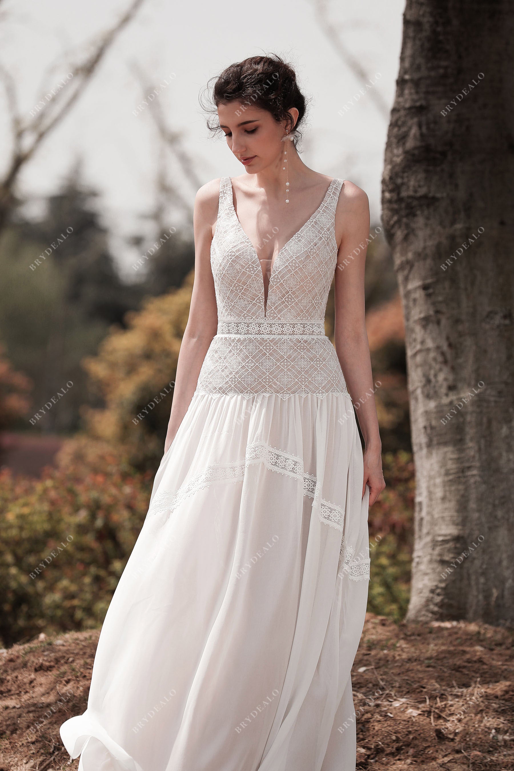plunging neck sleeveless lace chiffon bridal gown