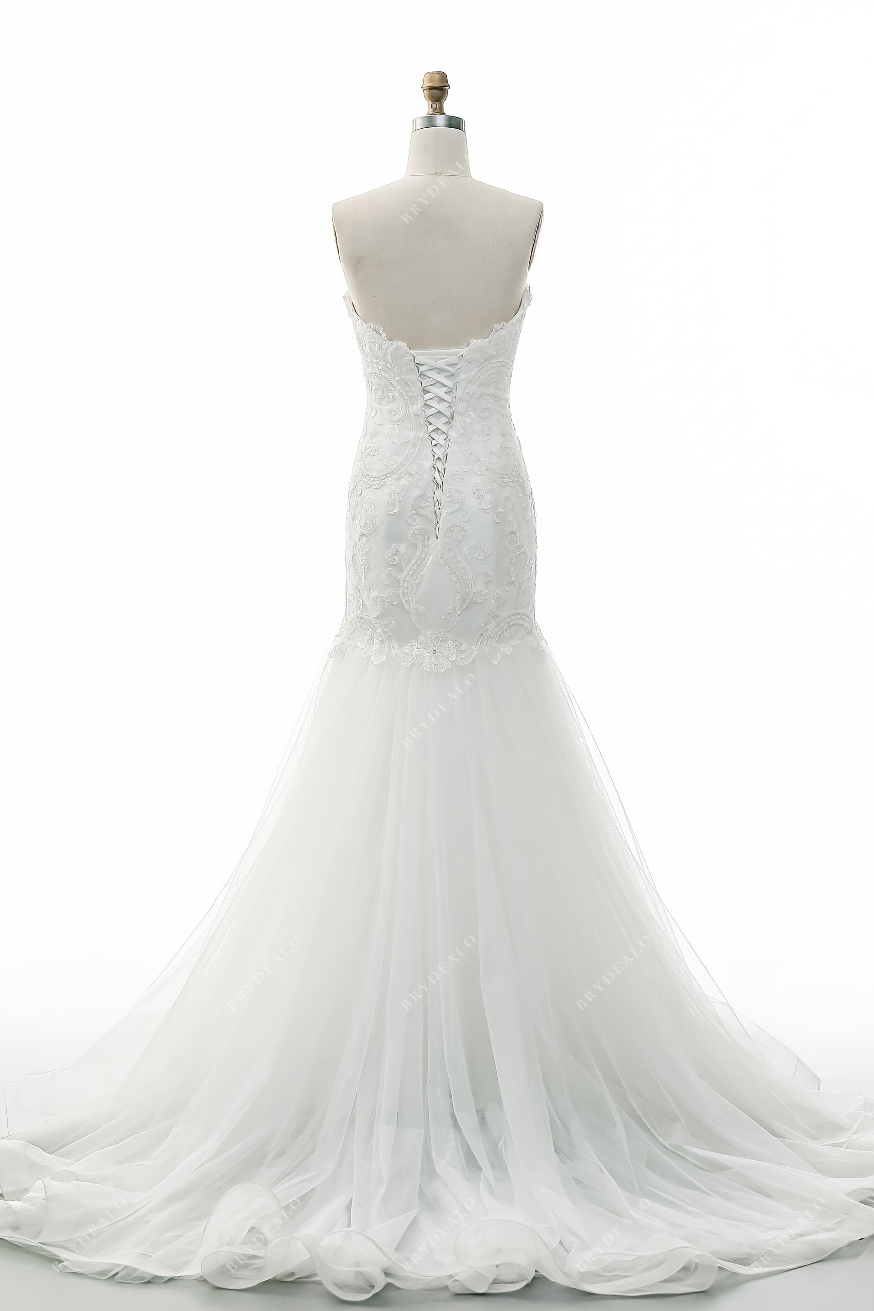 strapless lace corset tulle trumpet wedding dress