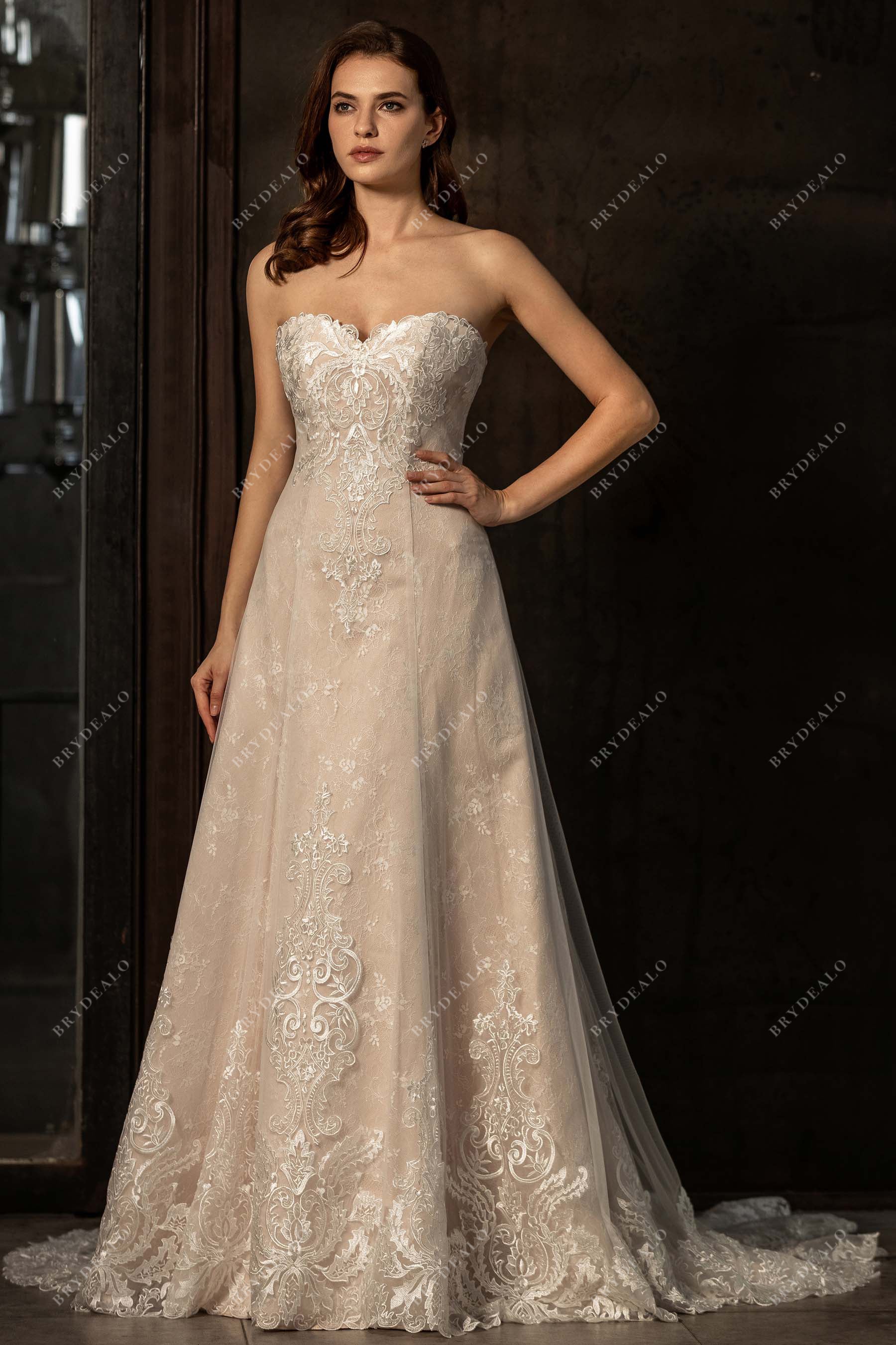 strapless sweetheart A-line lace wedding dress