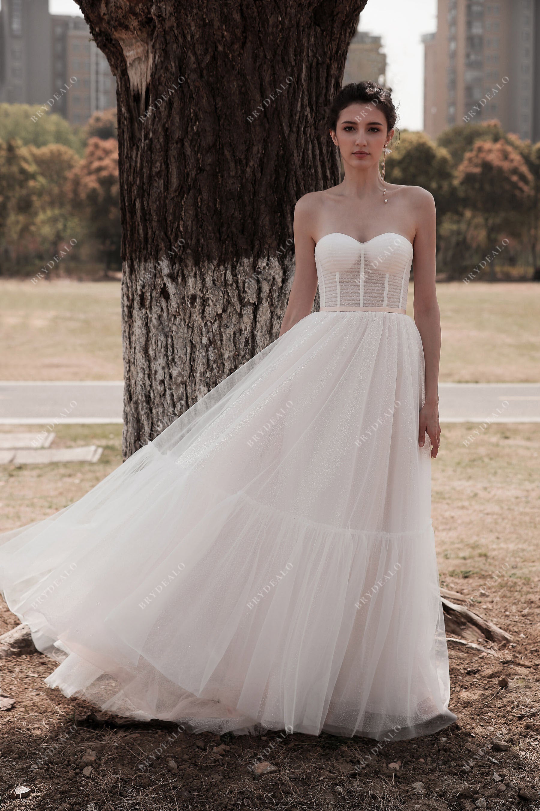 Shimmery Sheer Corset Tulle Beach Wedding Dress
