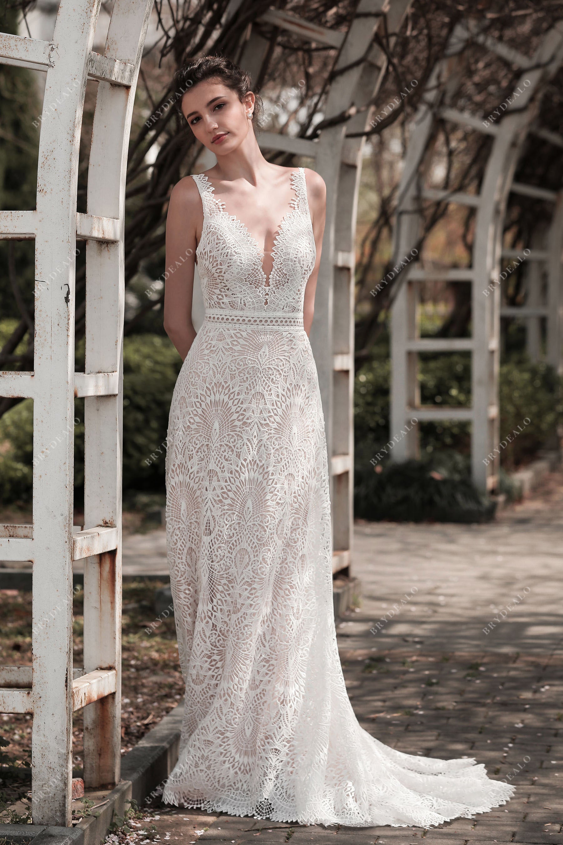 plunging neck lace wholesale wedding gown