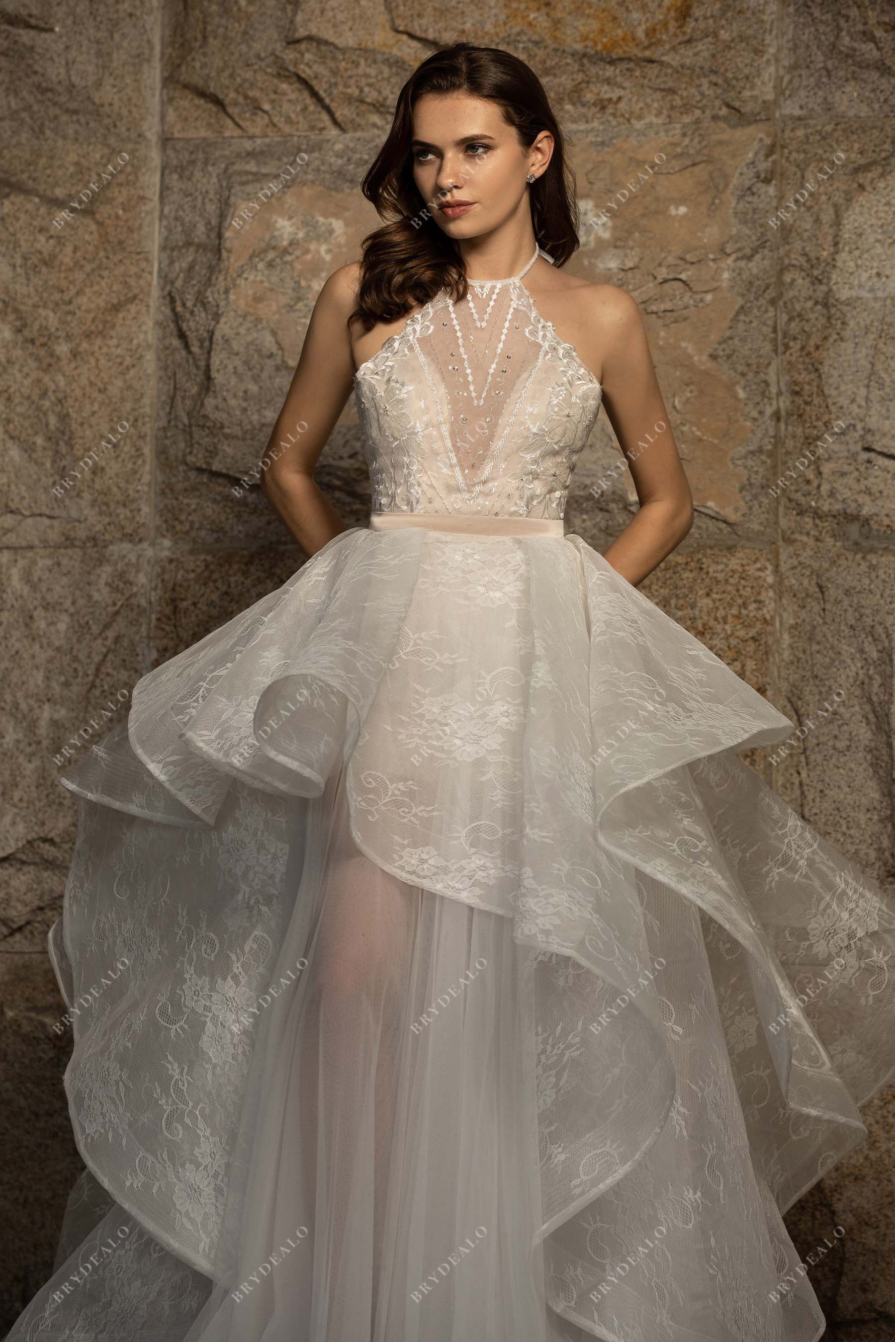 structured ruffled lace overskirt halter wedding ball gown