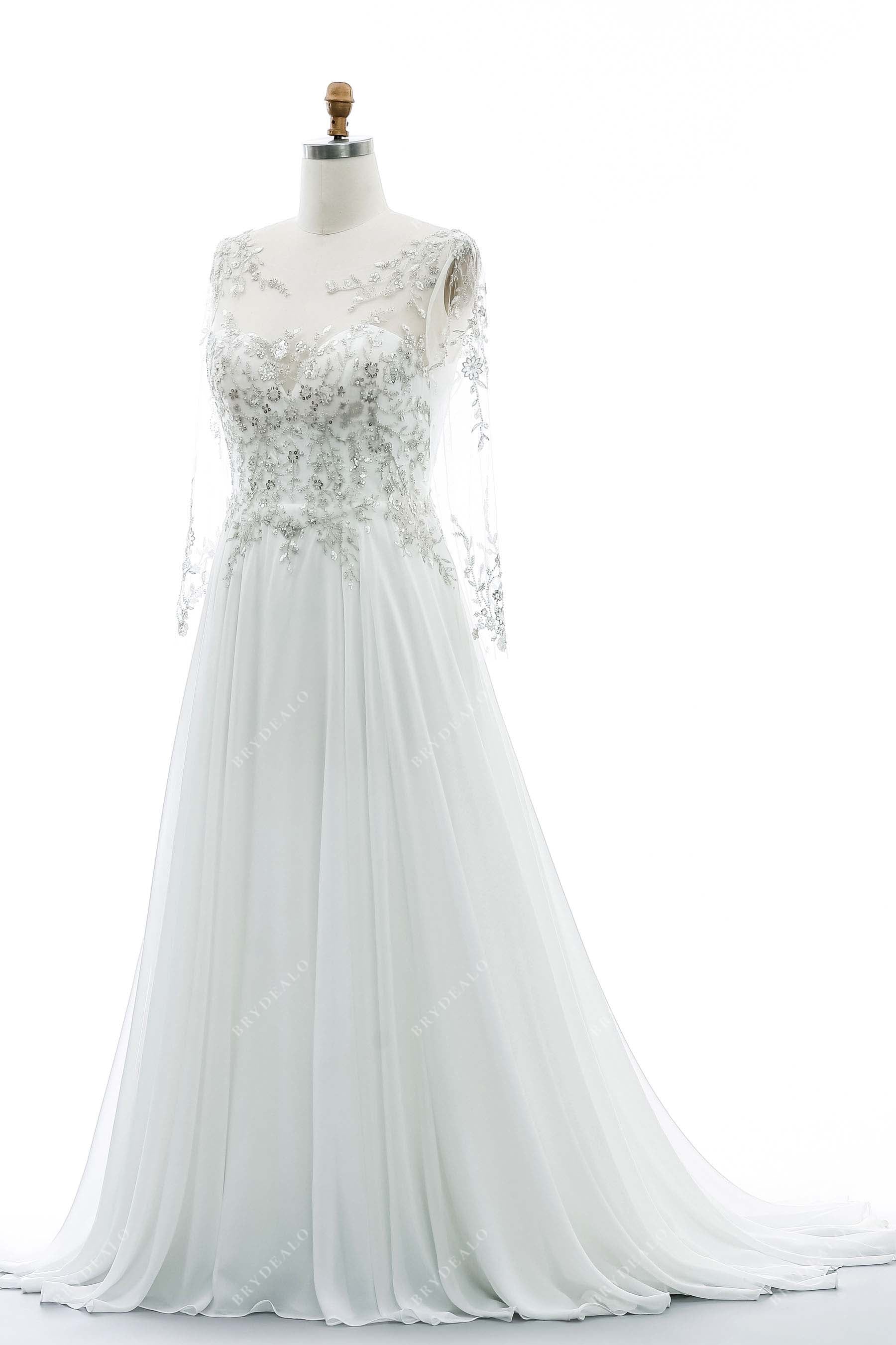stunning illusion long sleeve A-line bridal dress