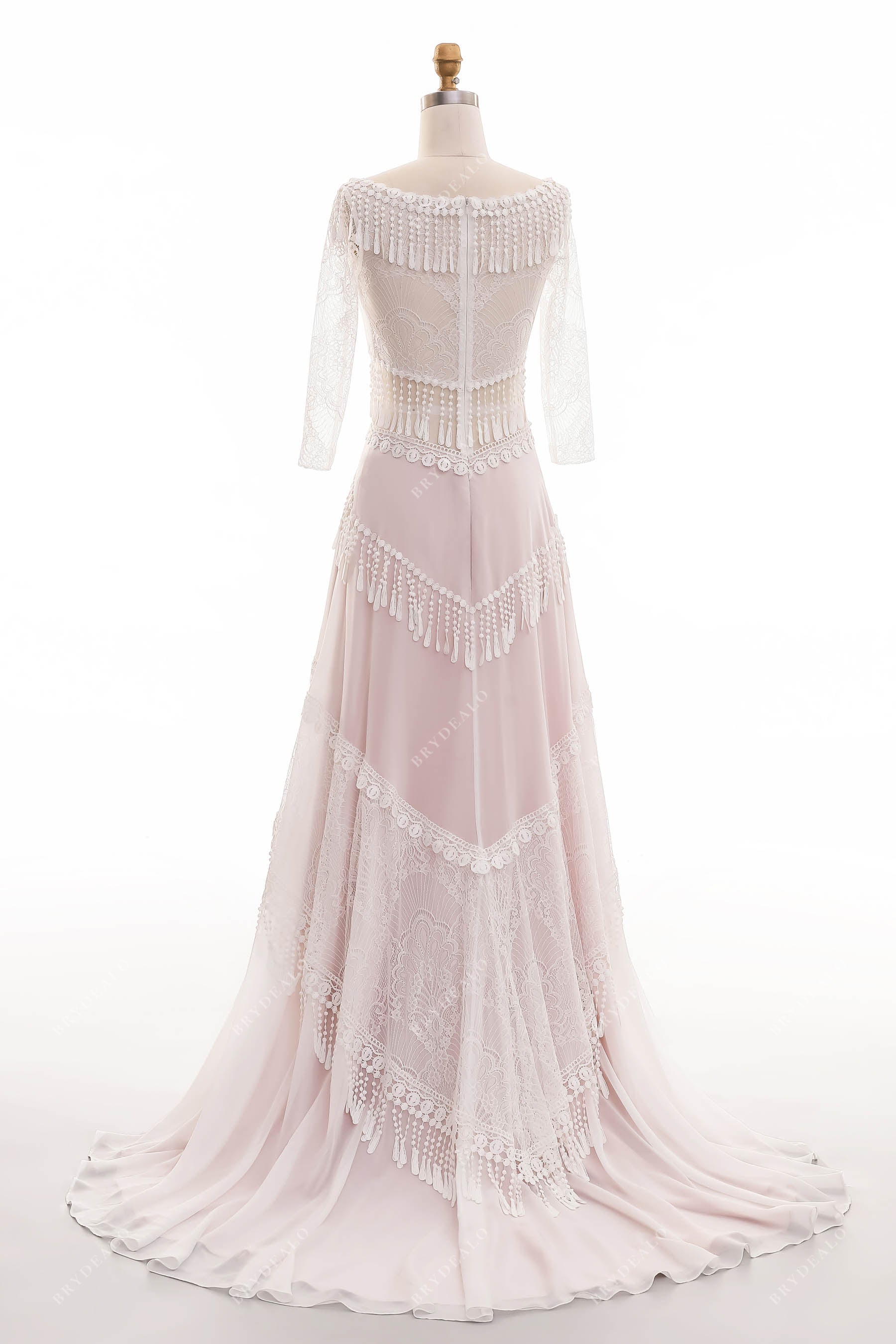 sweep train boho tassels pearl pink wedding gown