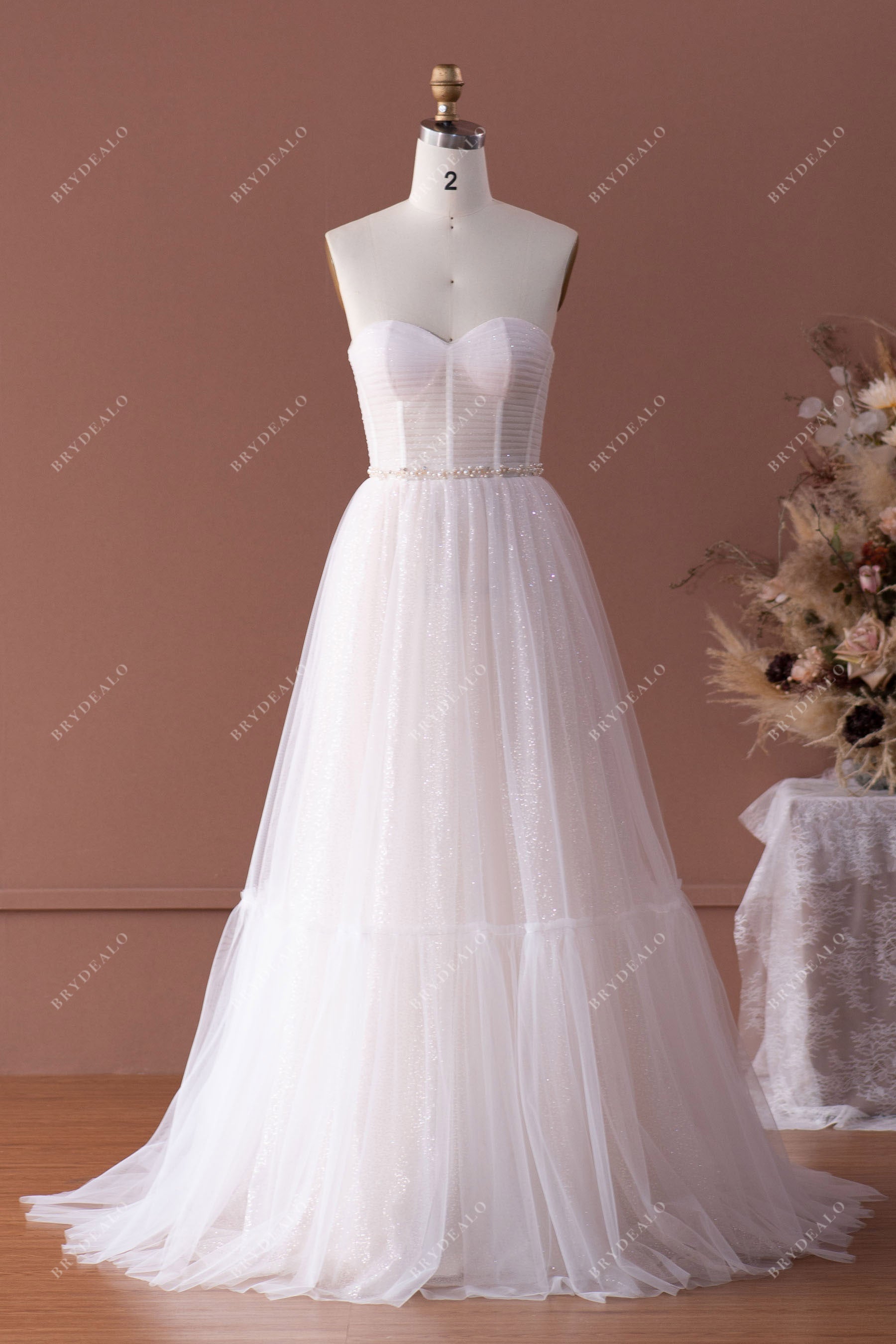 sweetheart neck corset tulle beach wedding dress with sweep train for wholesale