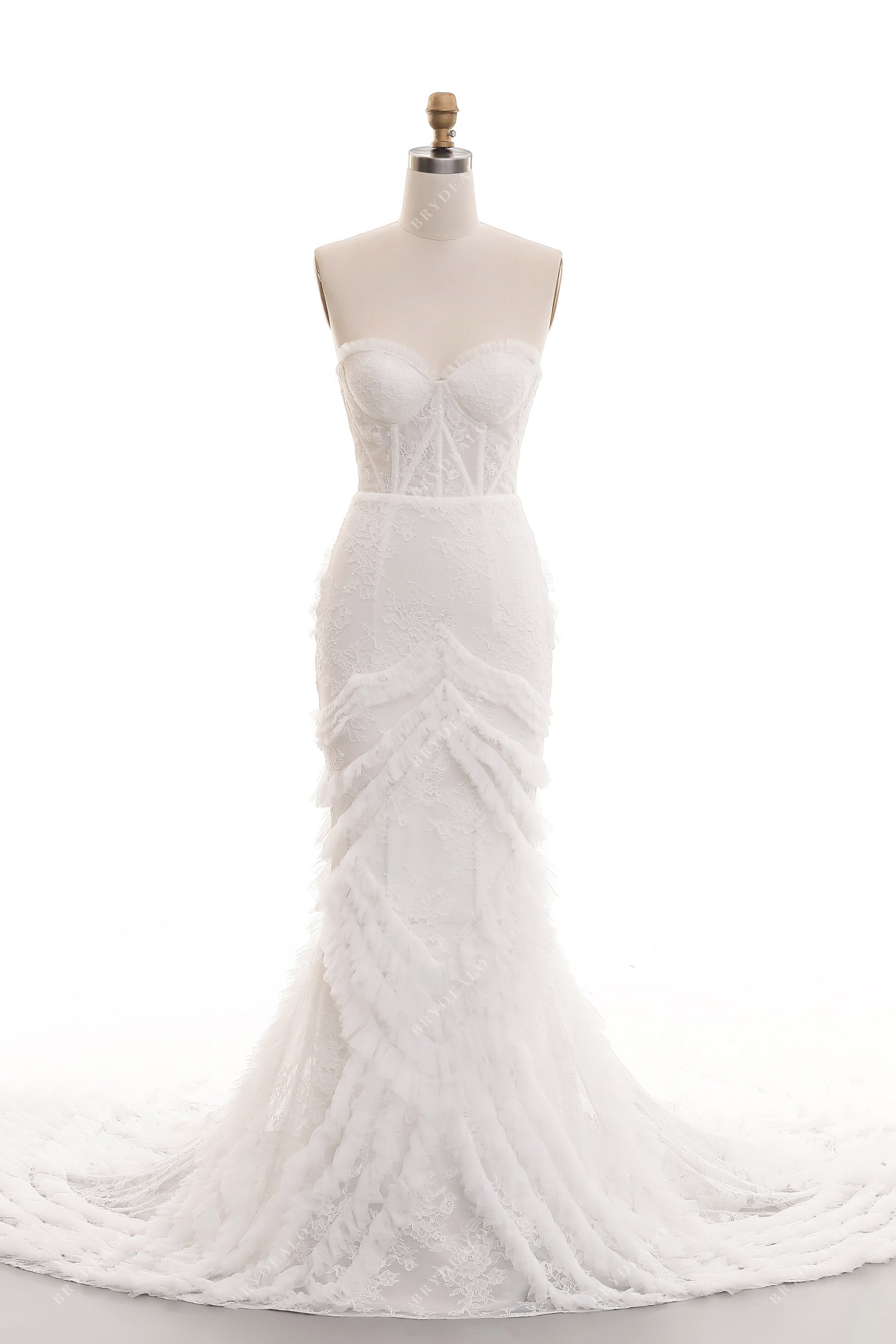 Sweetheart Neck Lace Ruffled Tulle Mermaid Wedding Dress
