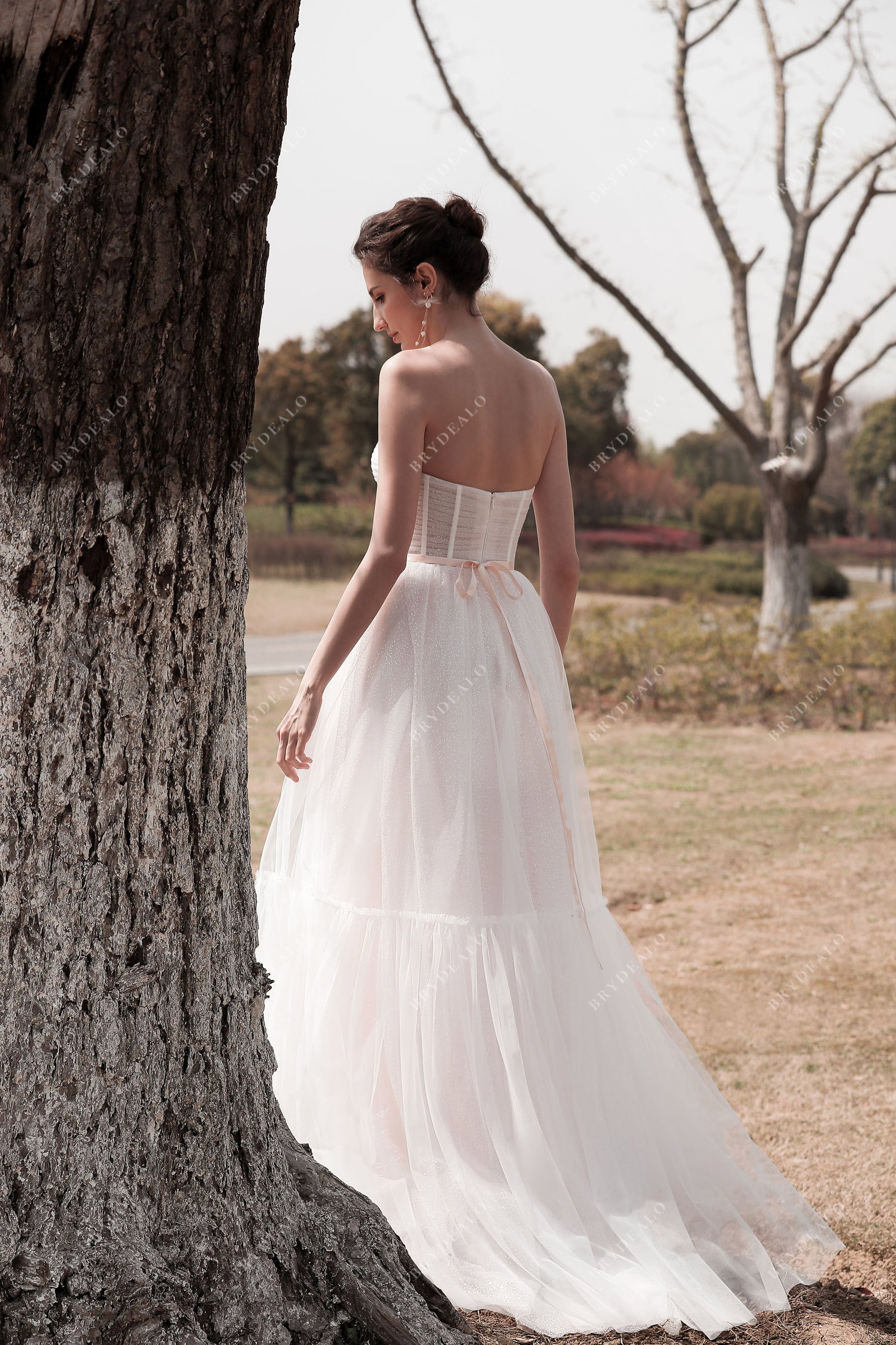  Sheer Corset Tulle Beach Wedding Dress