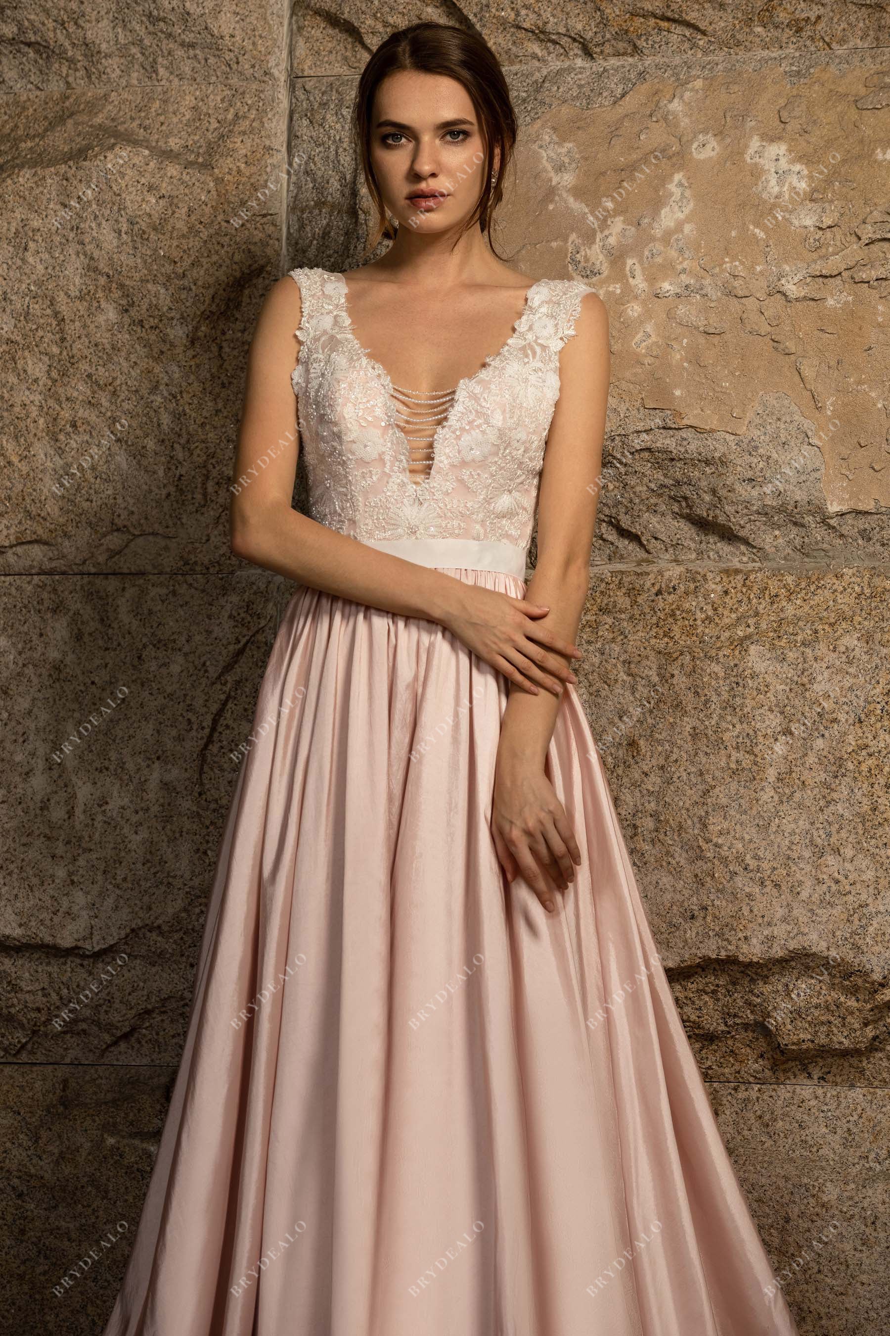 tasseled plunging ivory lace pink taffeta wedding gown