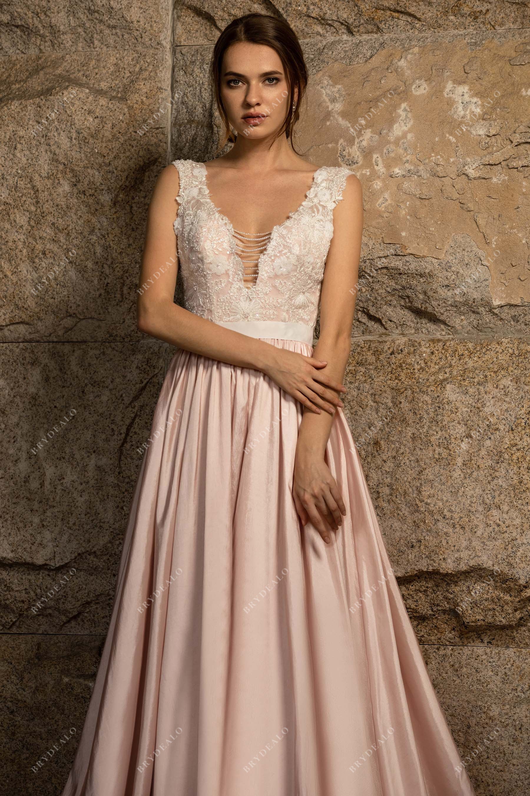 rose gold a line wedding dress 884 Pink Wedding Dress with Rose Gold Beading by Martina Liana