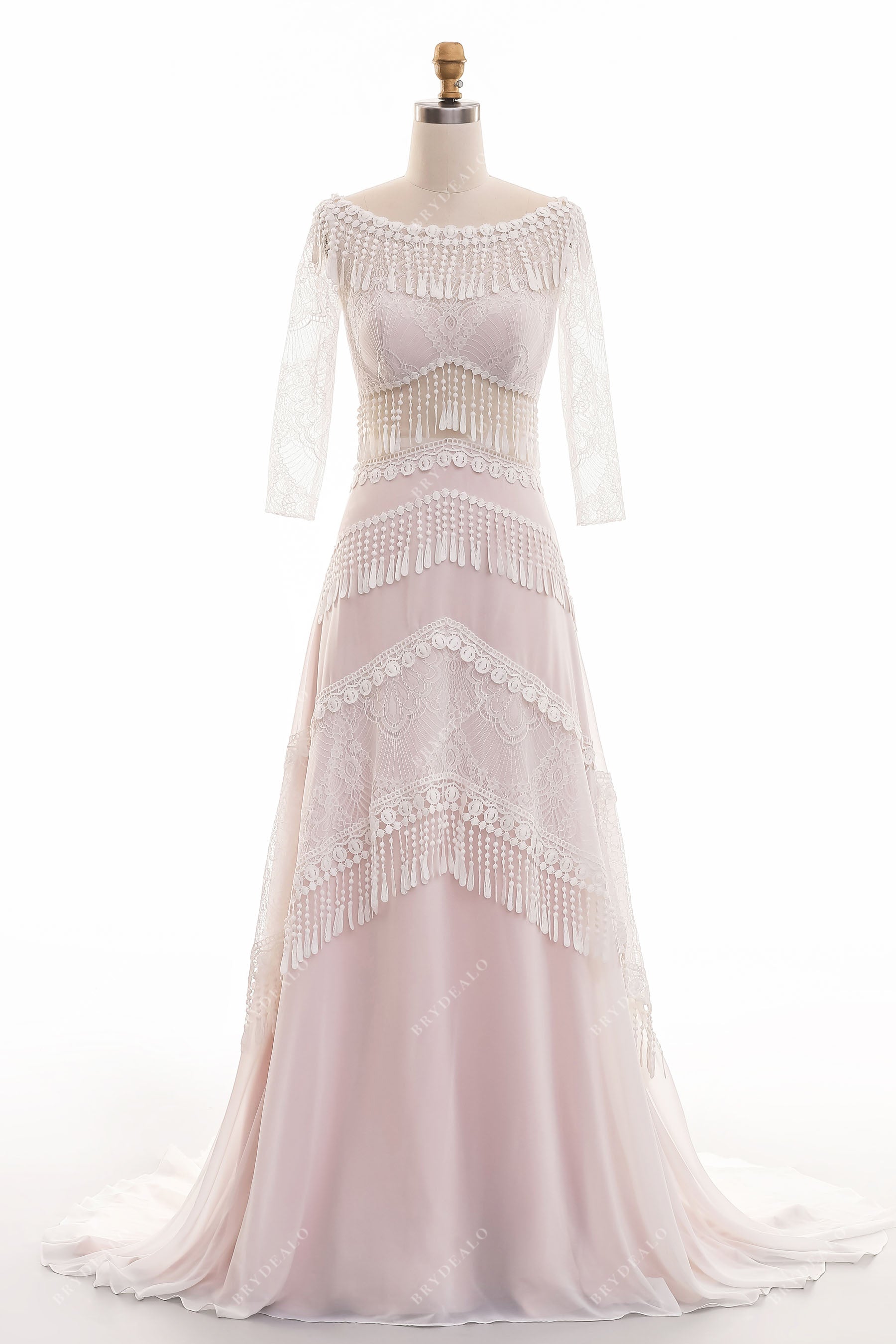 tassels bateau neck pearl pink A-line wedding dress