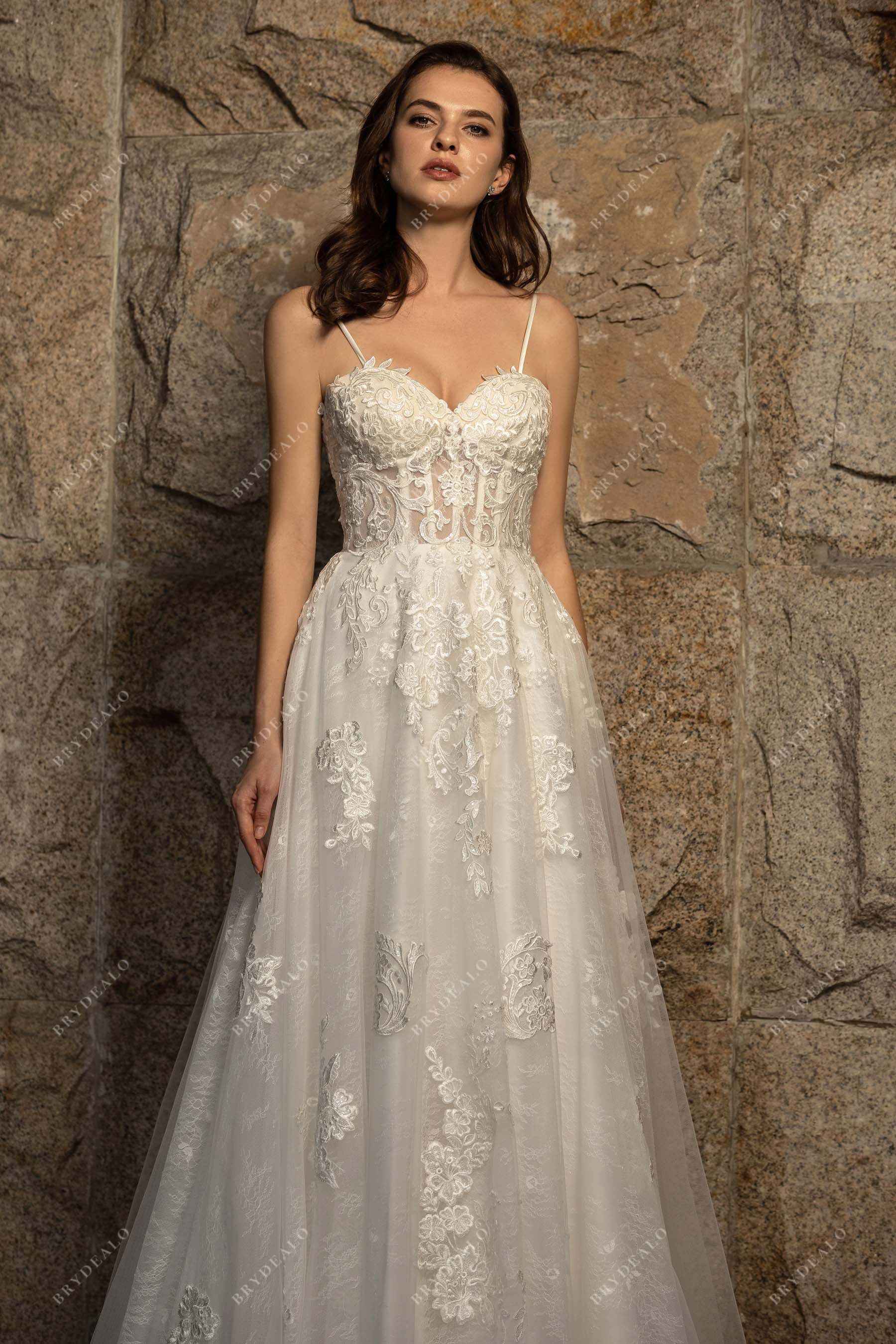 thin straps sheer sweetheart neck corset lace wedding gown