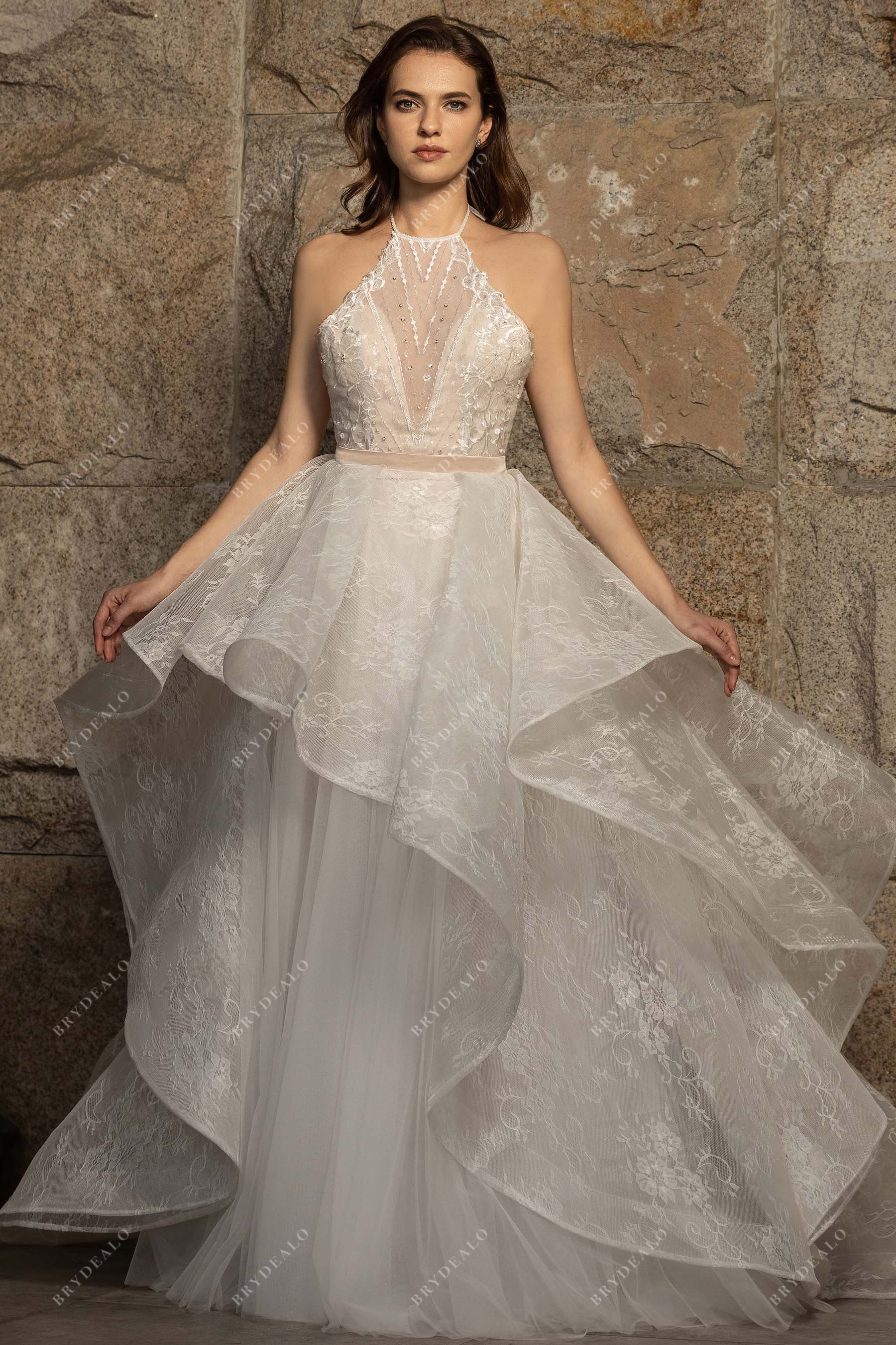 two-piece beaded halter structured ruffled lace wedding ball gown
