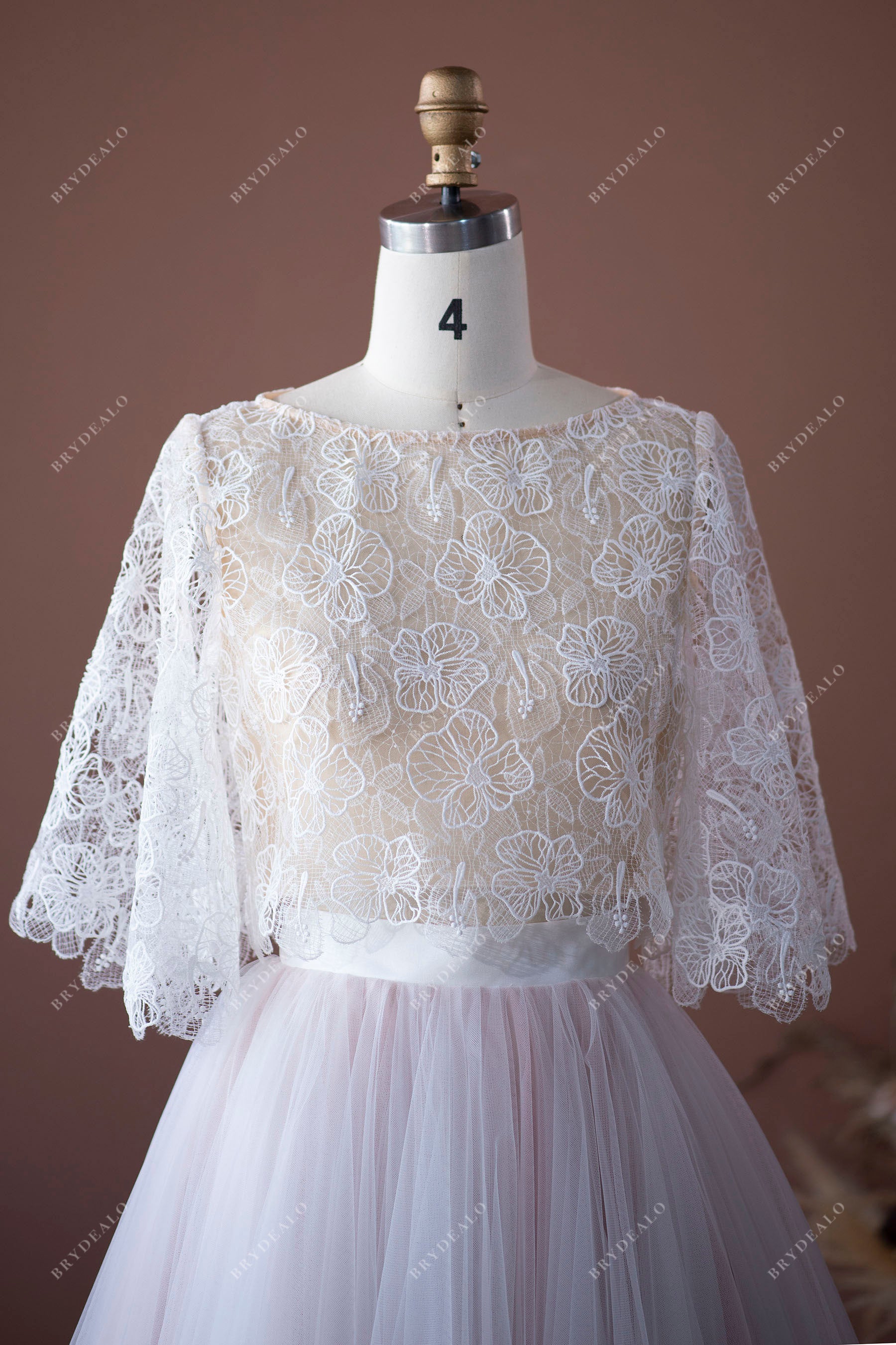 lace flutter sleeves bridal gown