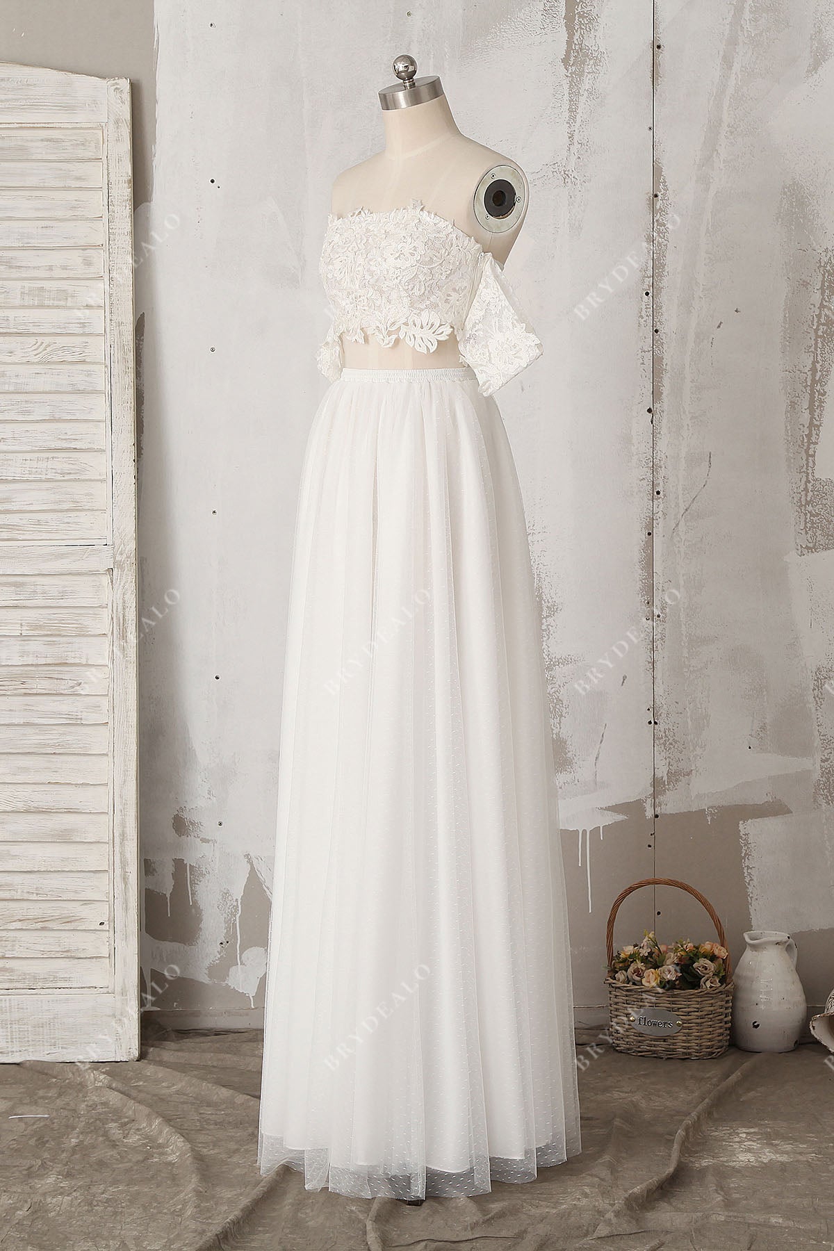 two-piece lace tulle floor length beach wedding gown