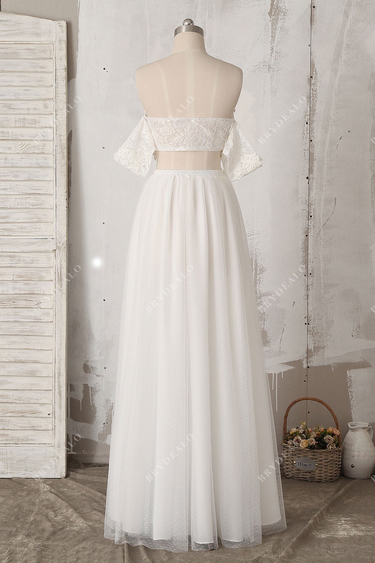 two-piece off-shoulder lace A-line tulle wholesale beach wedding dress