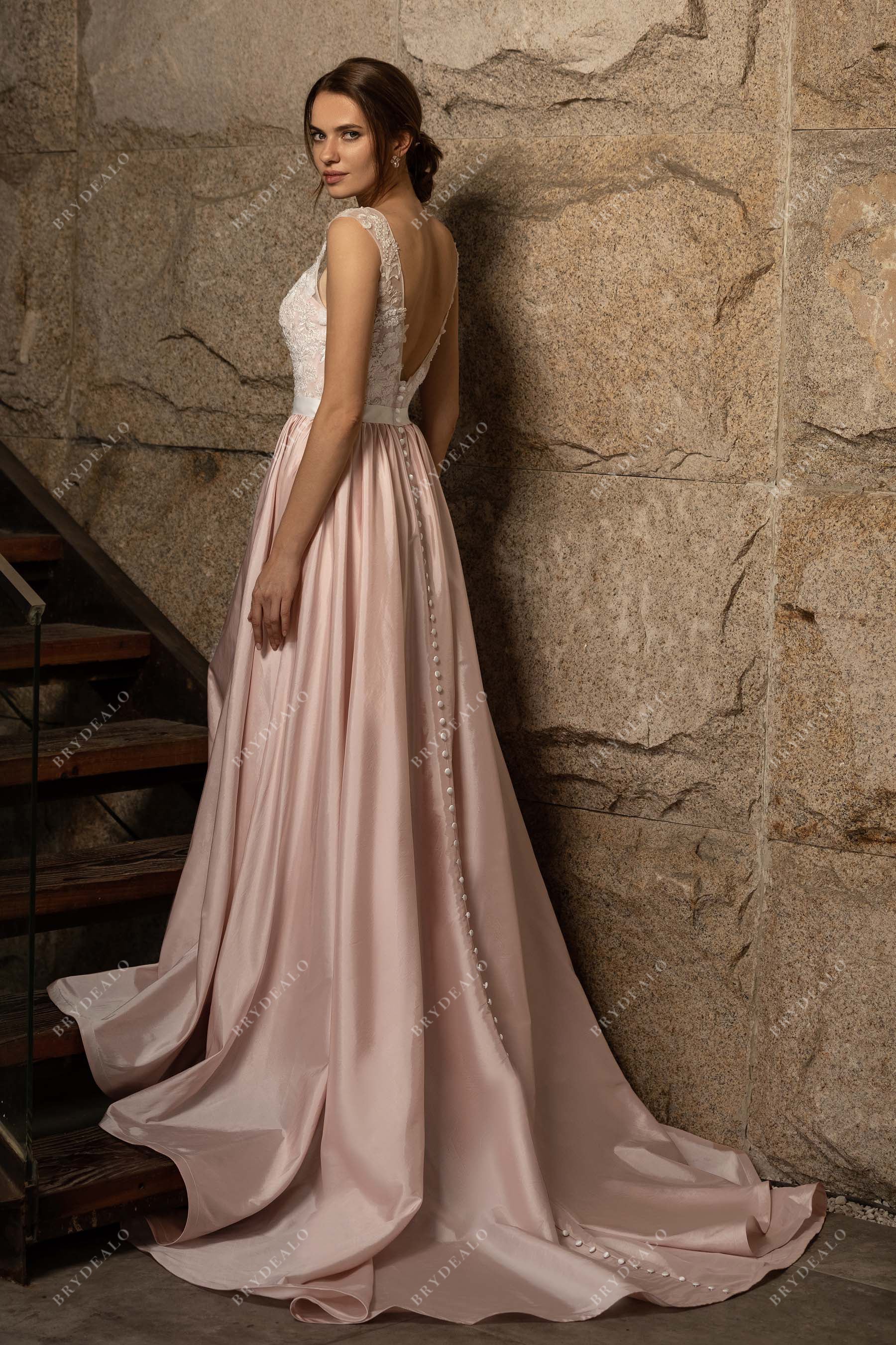Sample Sale | Pink Plunging Lace Taffeta A-line Wedding Dress Sample Sale | Pink Plunging Lace Taffeta A-line Wedding Dress