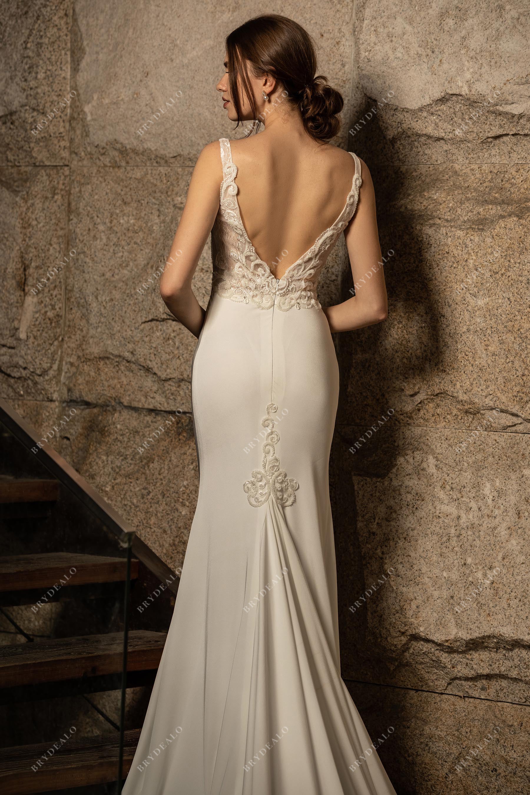 V-back lace satin godet wedding gown