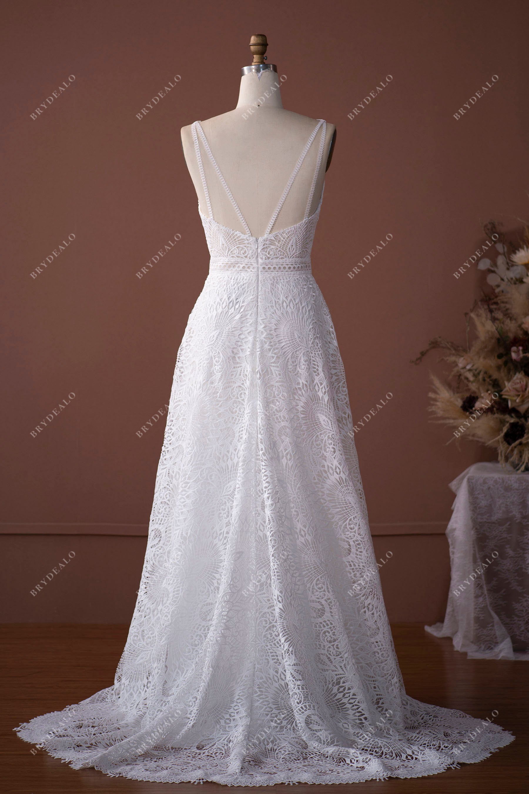 strappy back sweep train lace bridal gown