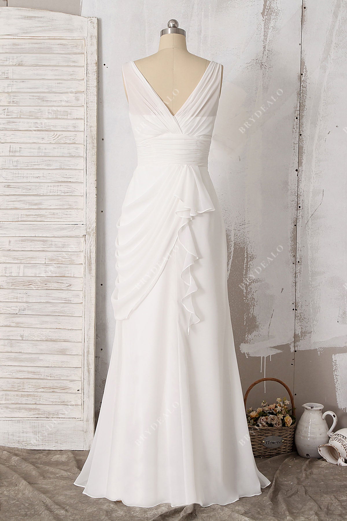 V-back pleated straps ruffled A-line wedding gown