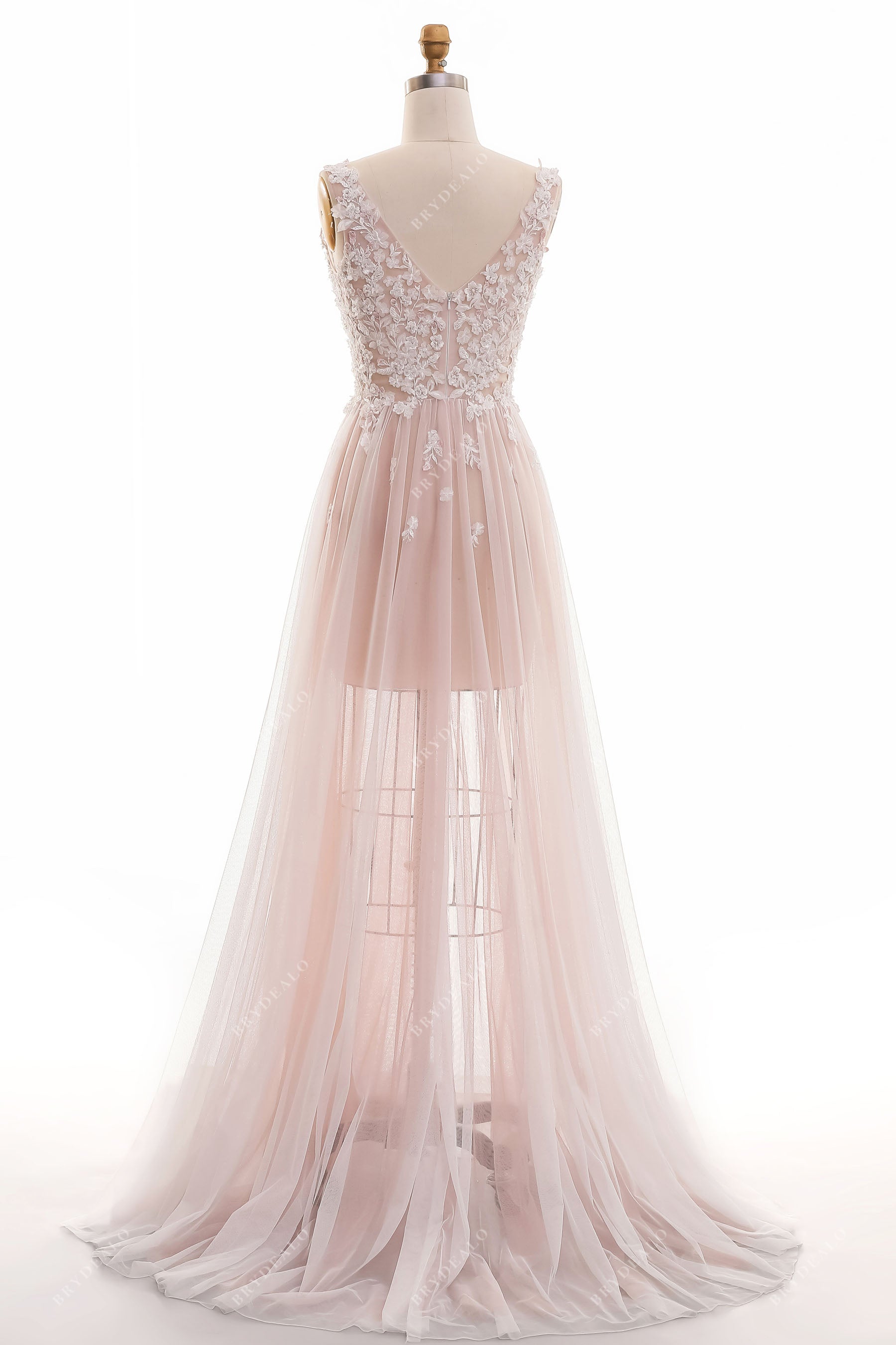 V-back Sheer Beaded Lace Dusty Rose A-line Wedding Dress