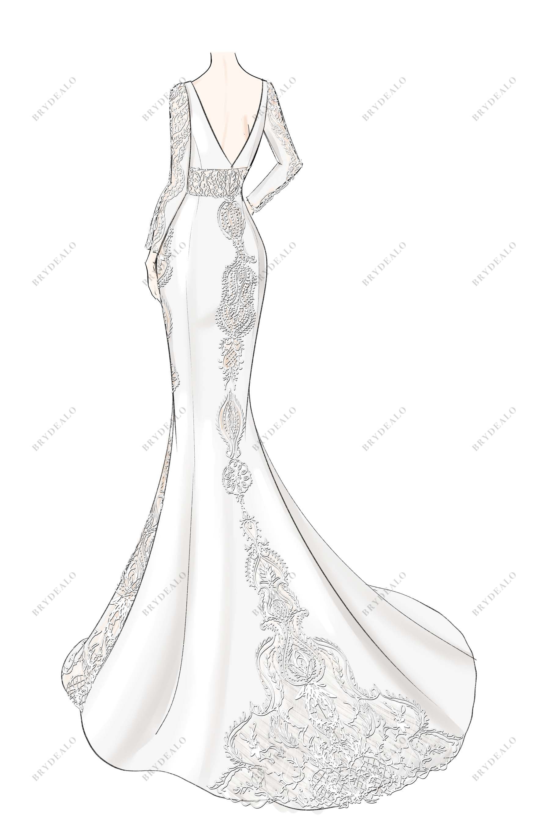 V-back lace crepe mermaid custom wedding dress sketch