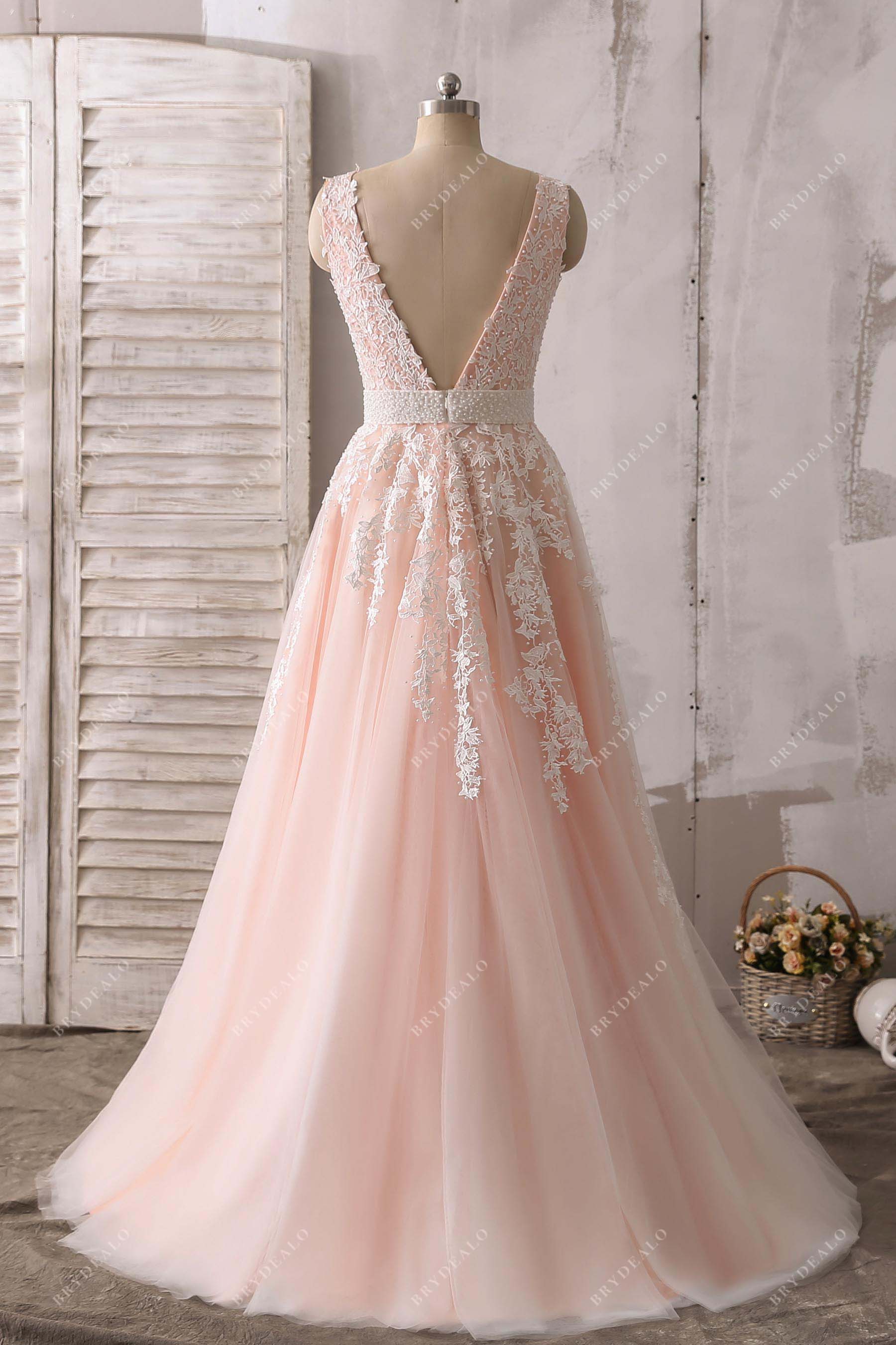 V-back ivory lace tulle prom dress