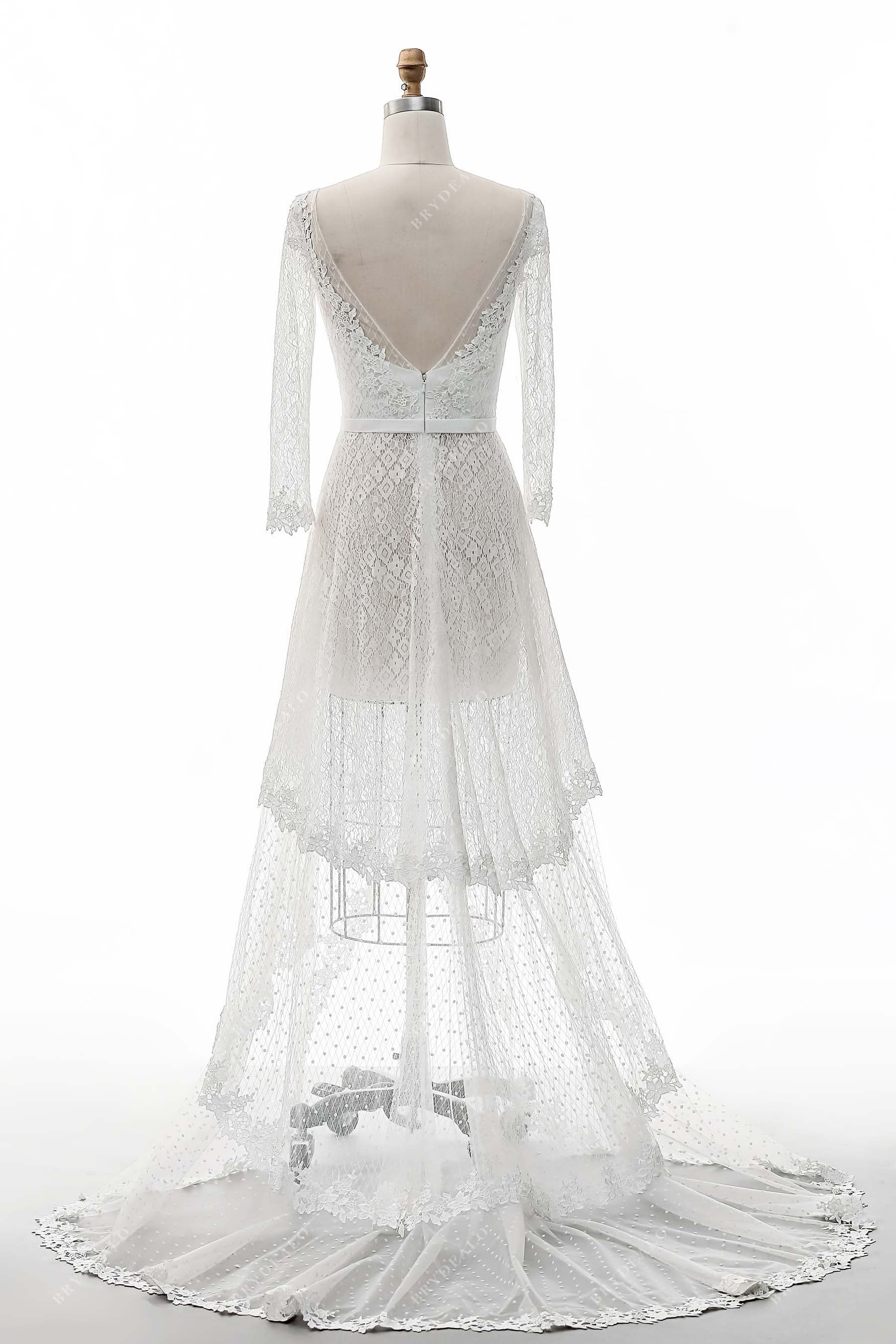 V\-back long sleeves A-line sheer bridal dress