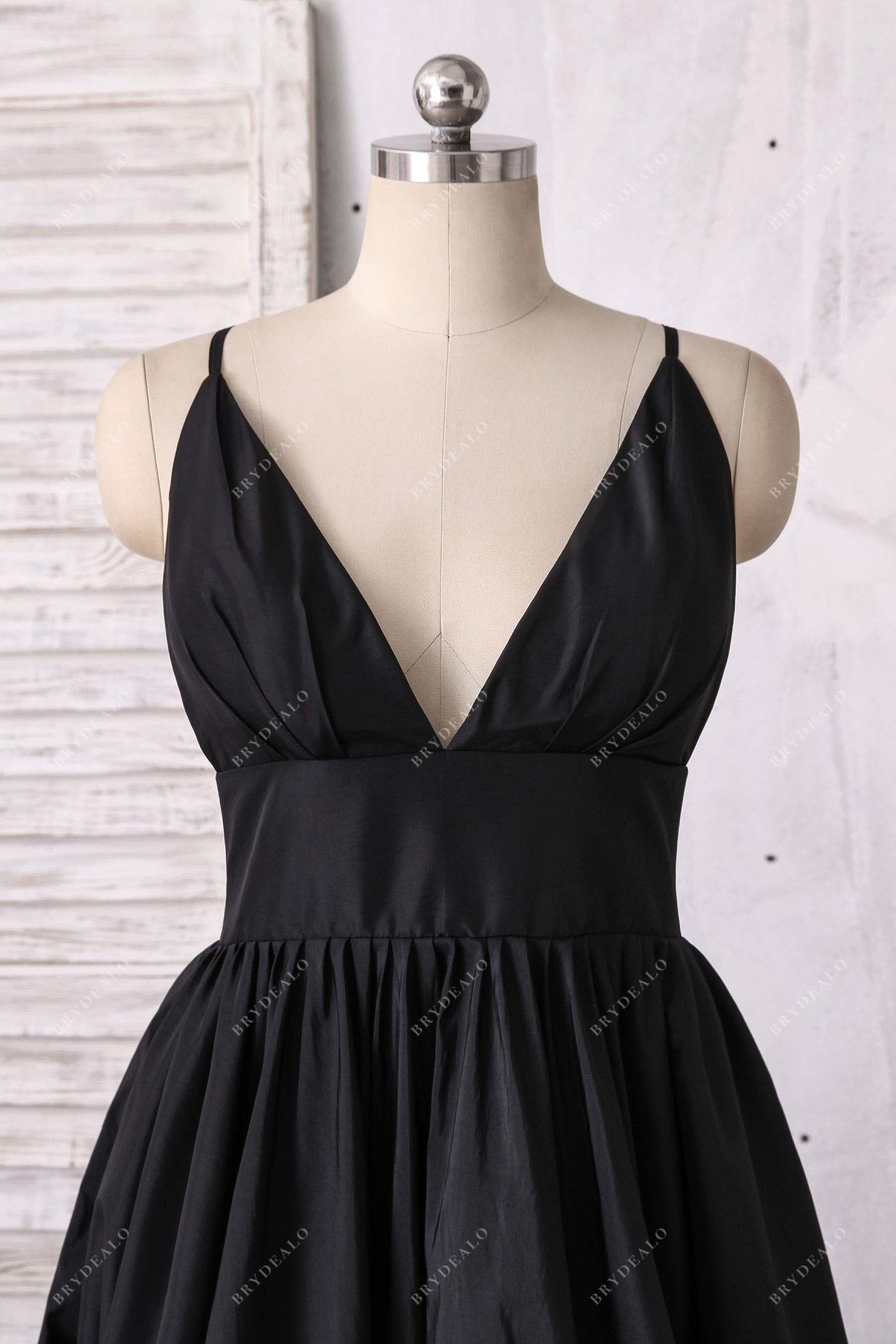 V-back spaghetti straps black prom gown