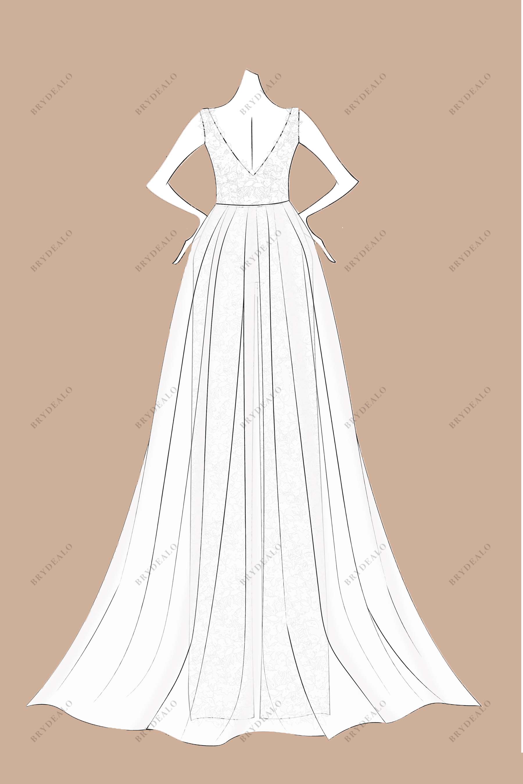 V-back tulle A-line overskirt bridal dress sketch