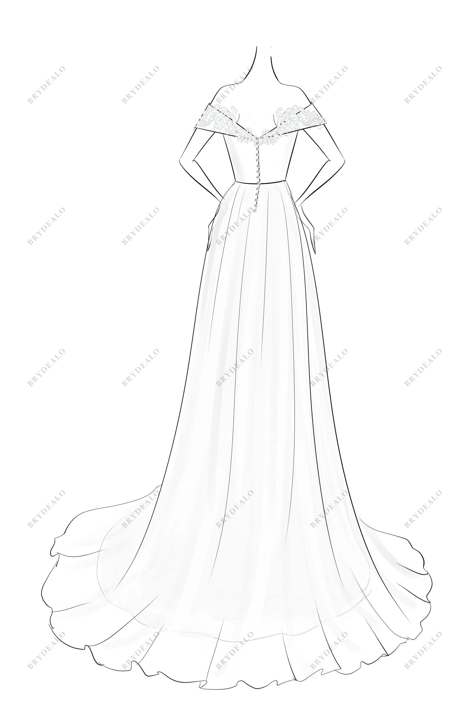 V-neck A-line Off Shoulder Bridal Dress Sketch