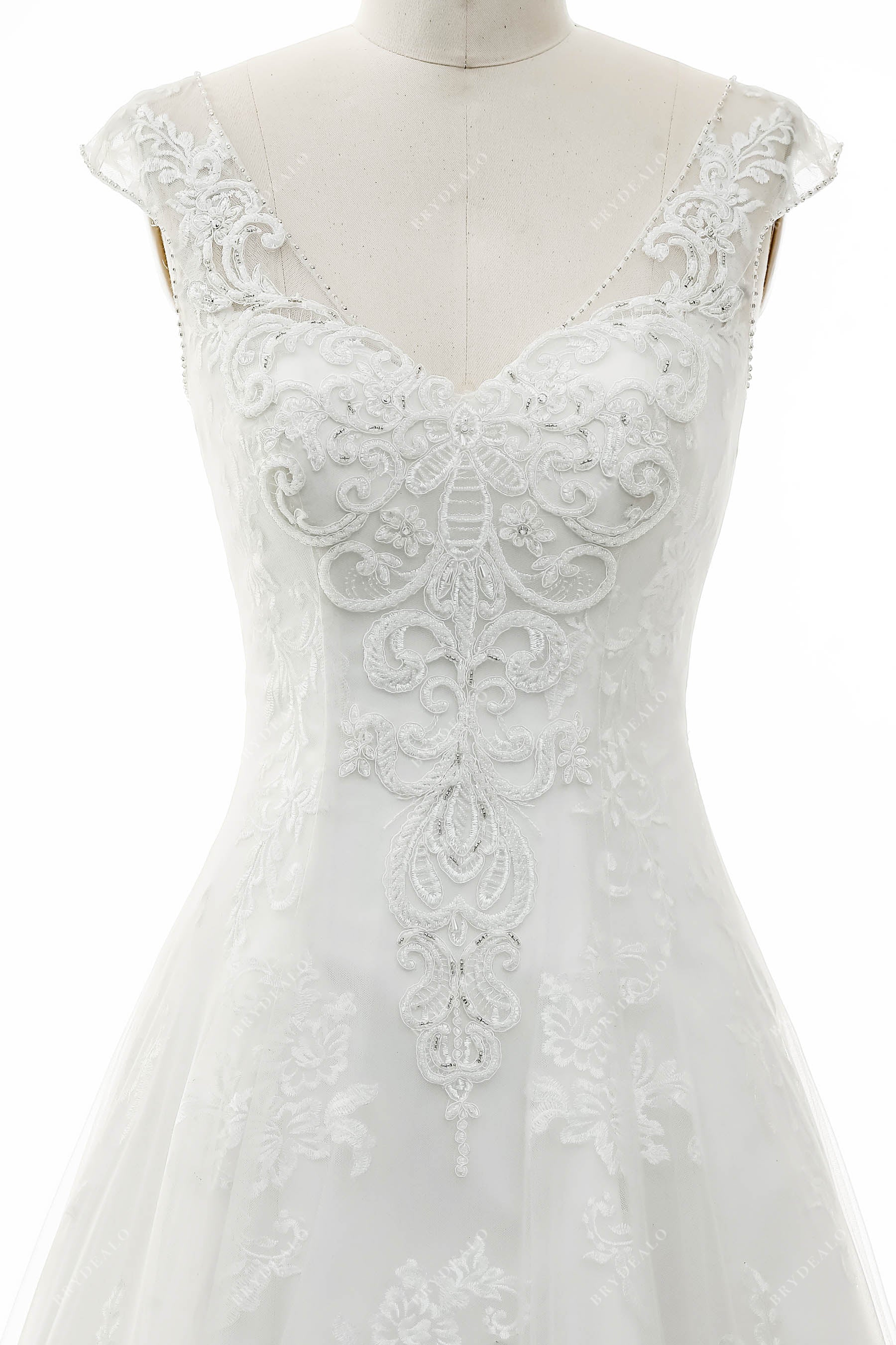 V-neck beaded cap sleeve lace bridal dress