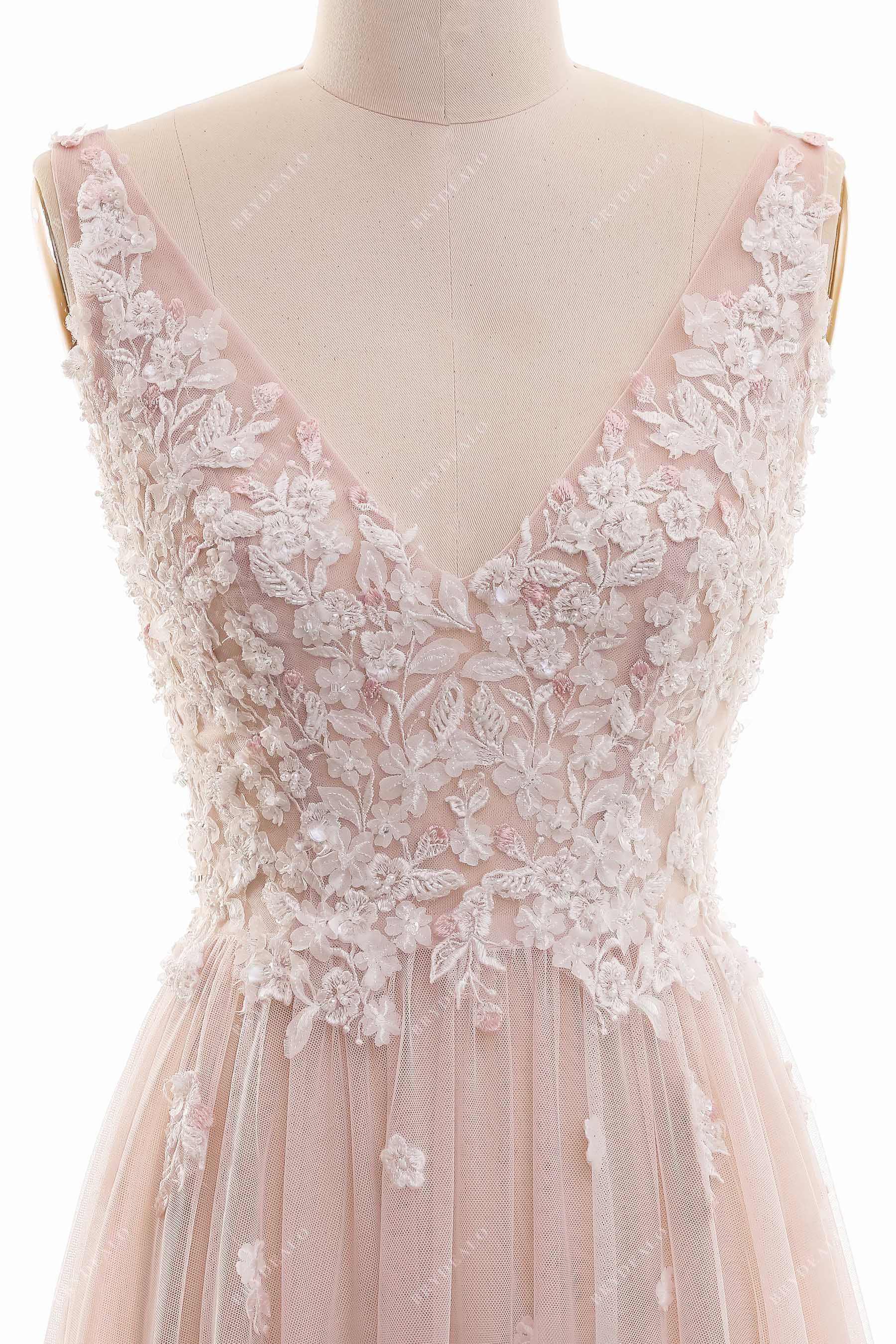 V-neck Beaded Lace Dusty Rose Wedding Dress