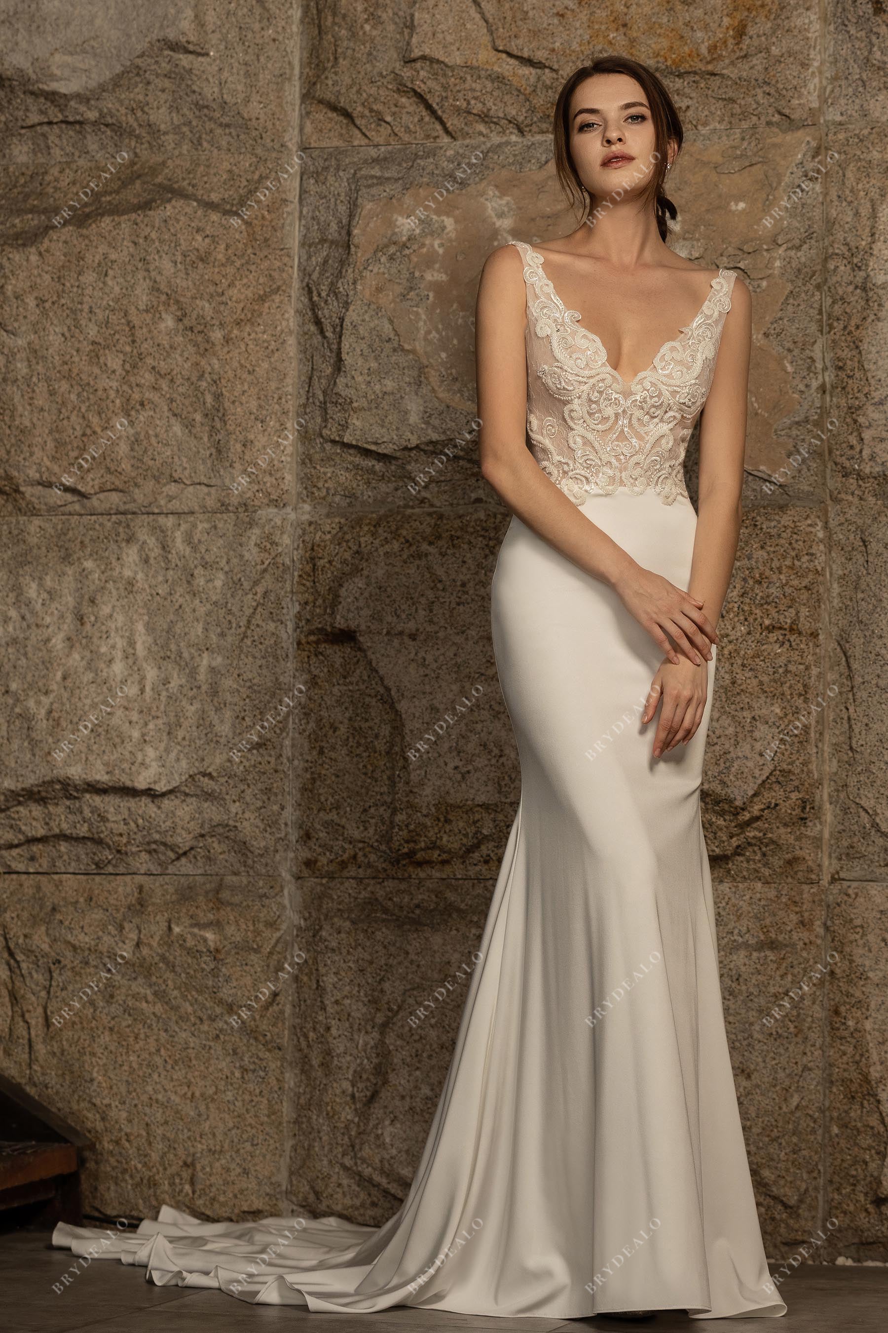 V-neck beaded lace mermaid satin wedding dress