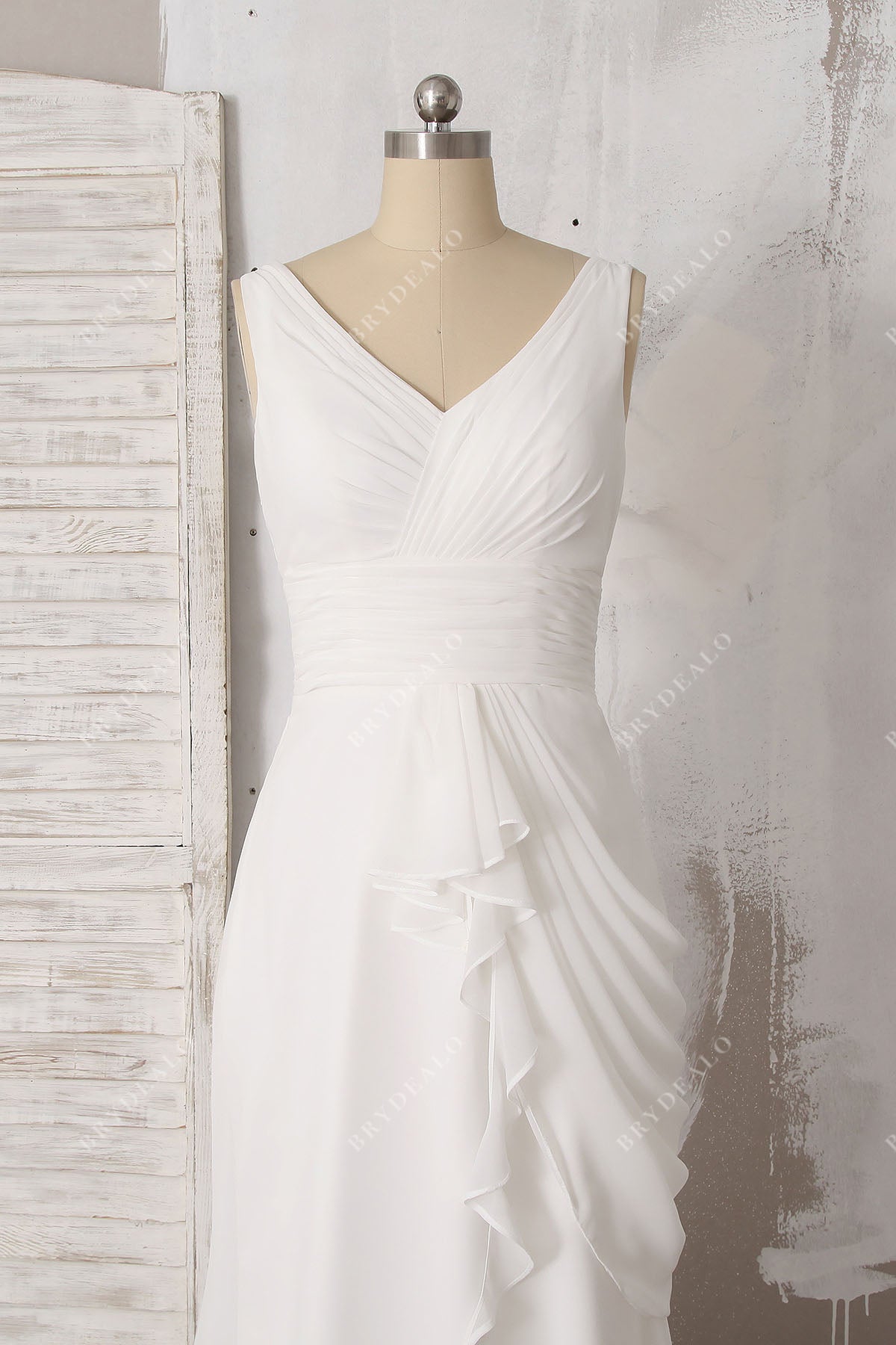 V-neck draped A-line chiffon bridal dress for wholesale