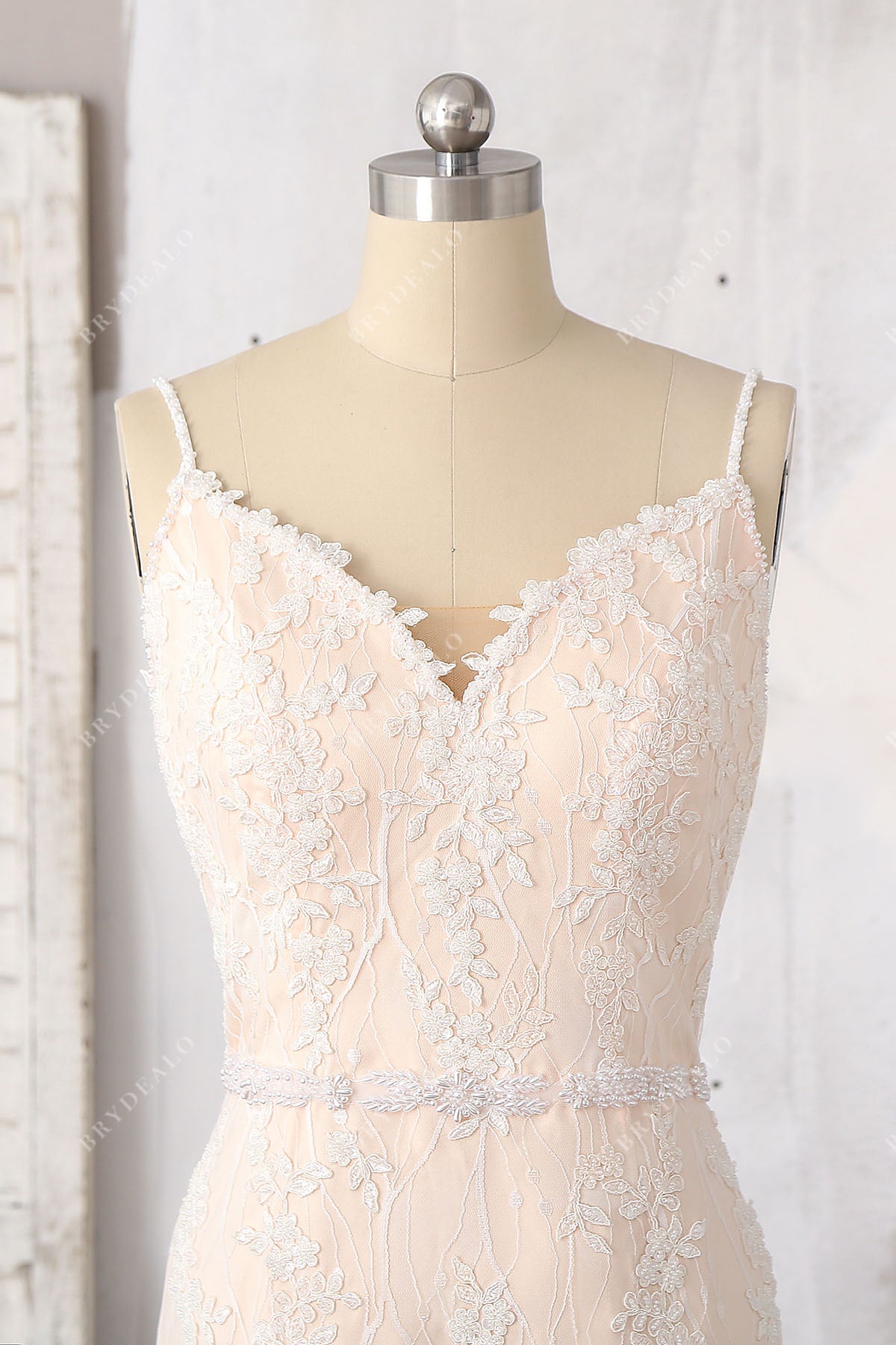 V-neck beaded spaghetti straps lace bridal gown