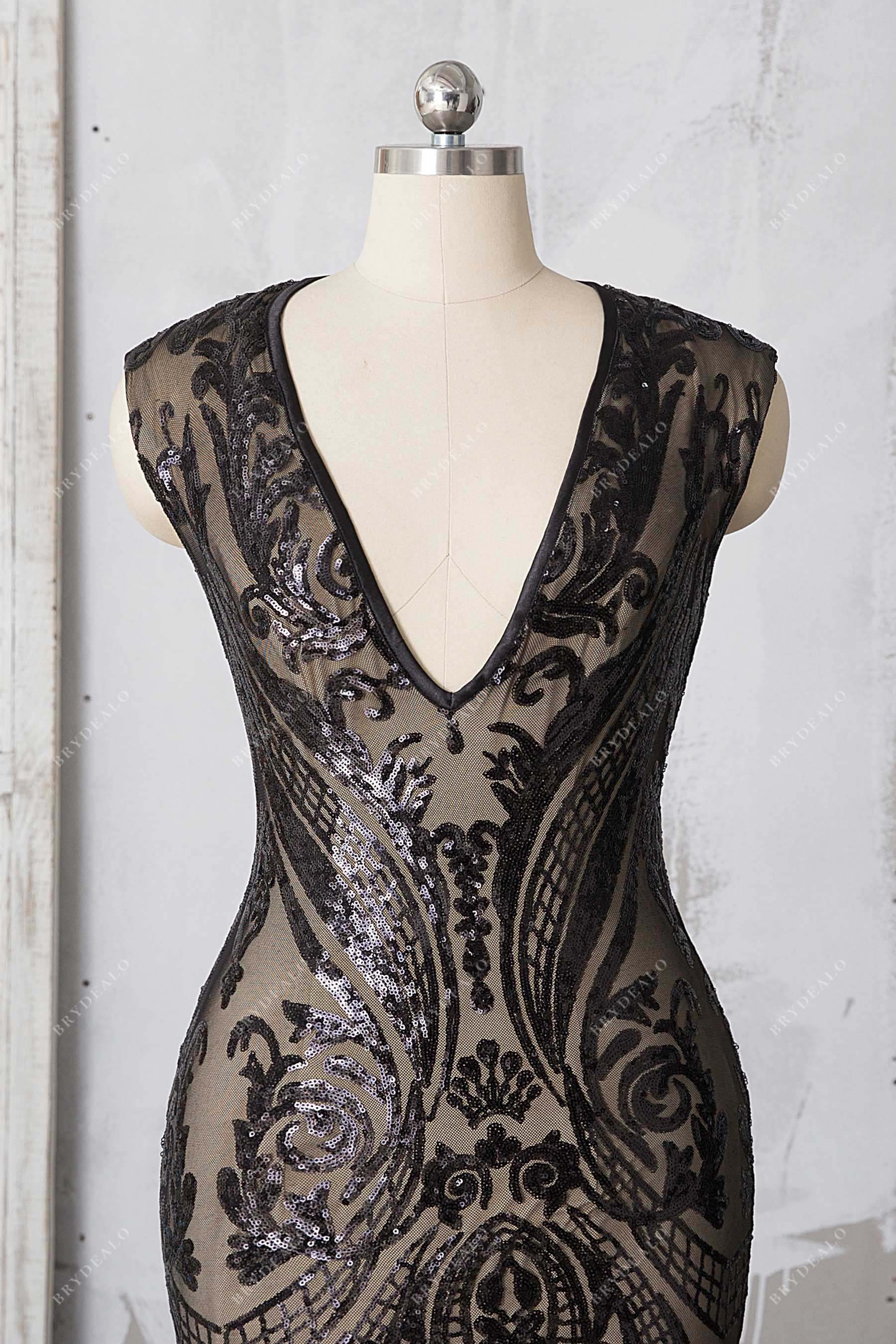 V-neck black sequin prom dress