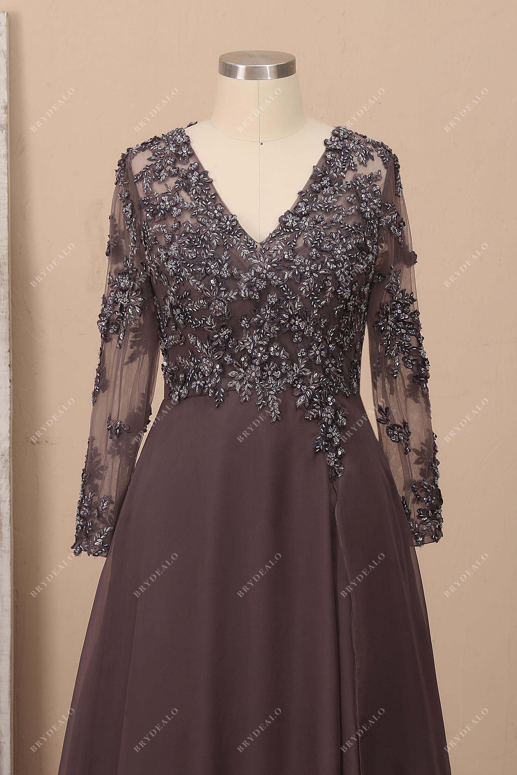 V-neck brown beaded appliques prom dress