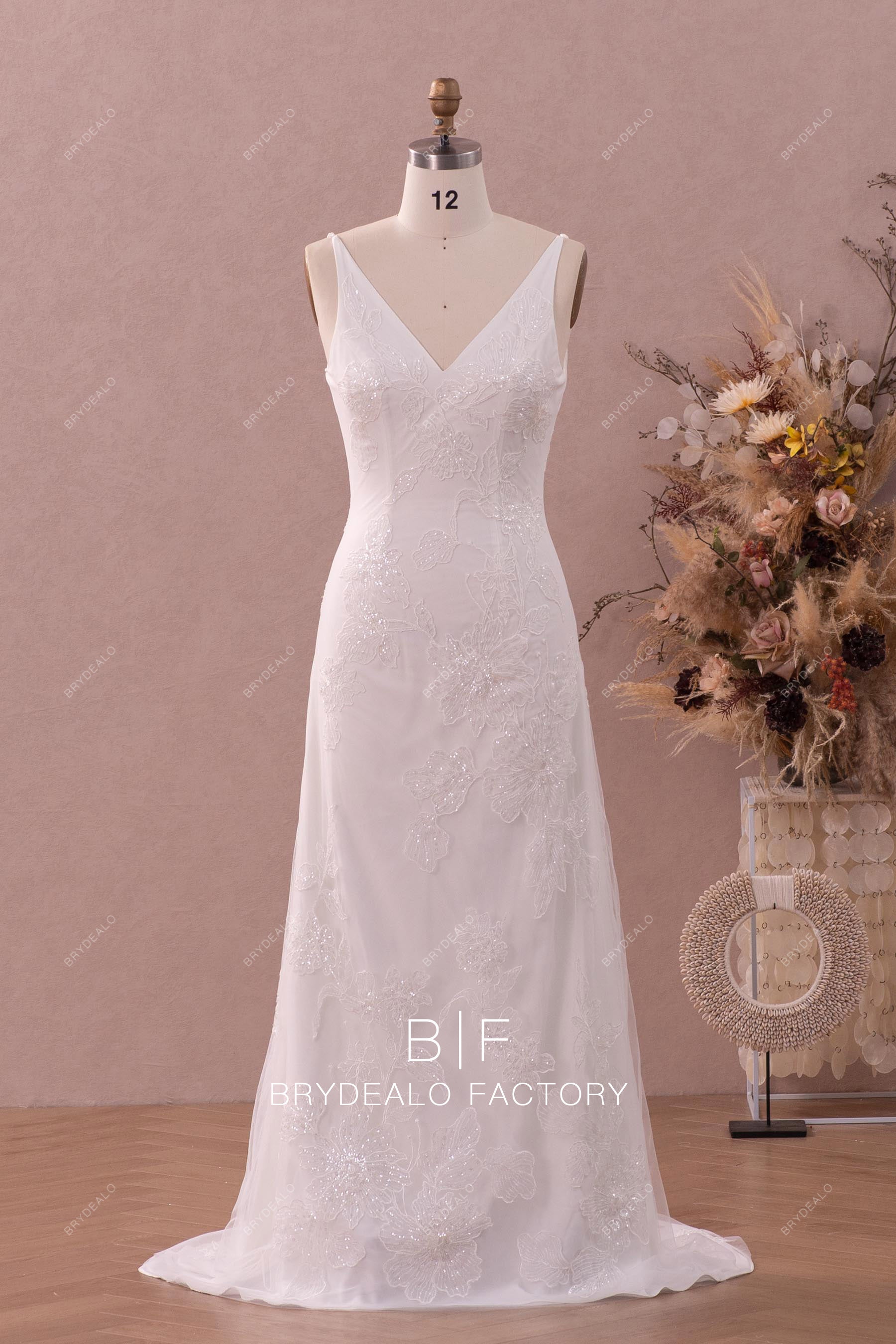 v-neck mermaid lotus lace wedding gown