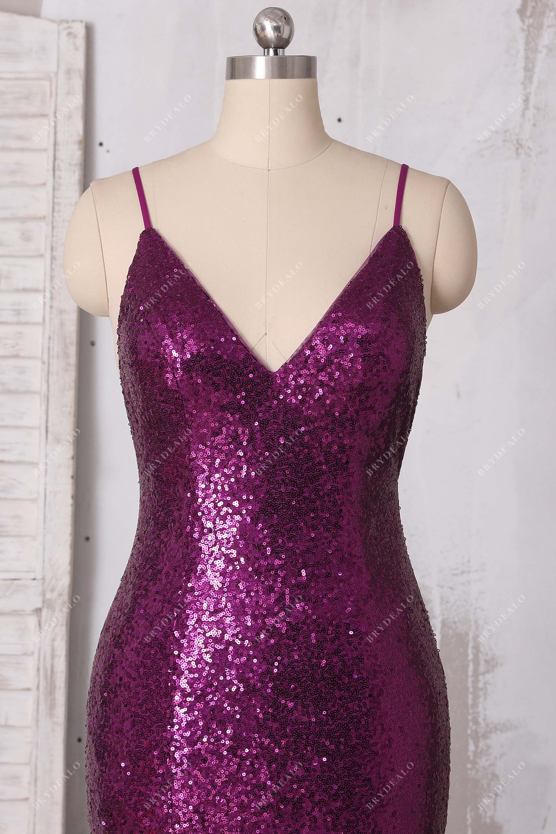 V-neck sparkly fuchsia prom dress