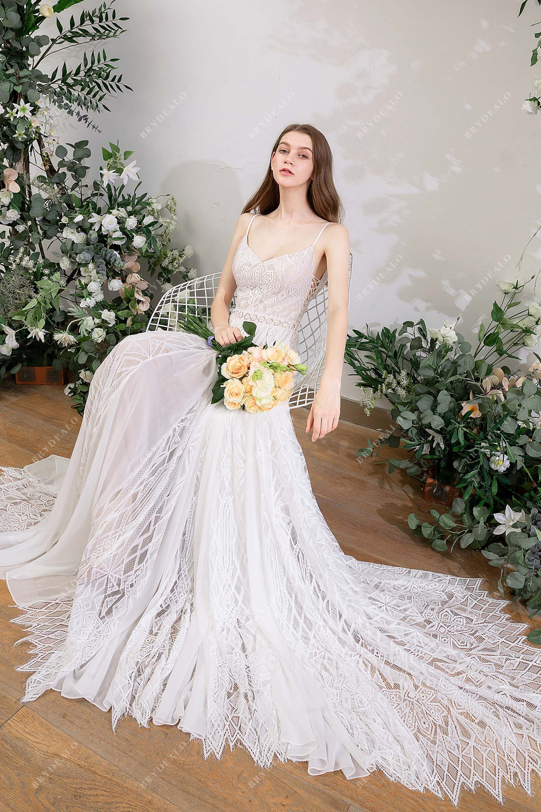 V-neck thin straps lace bohemian chiffon wedding dress
