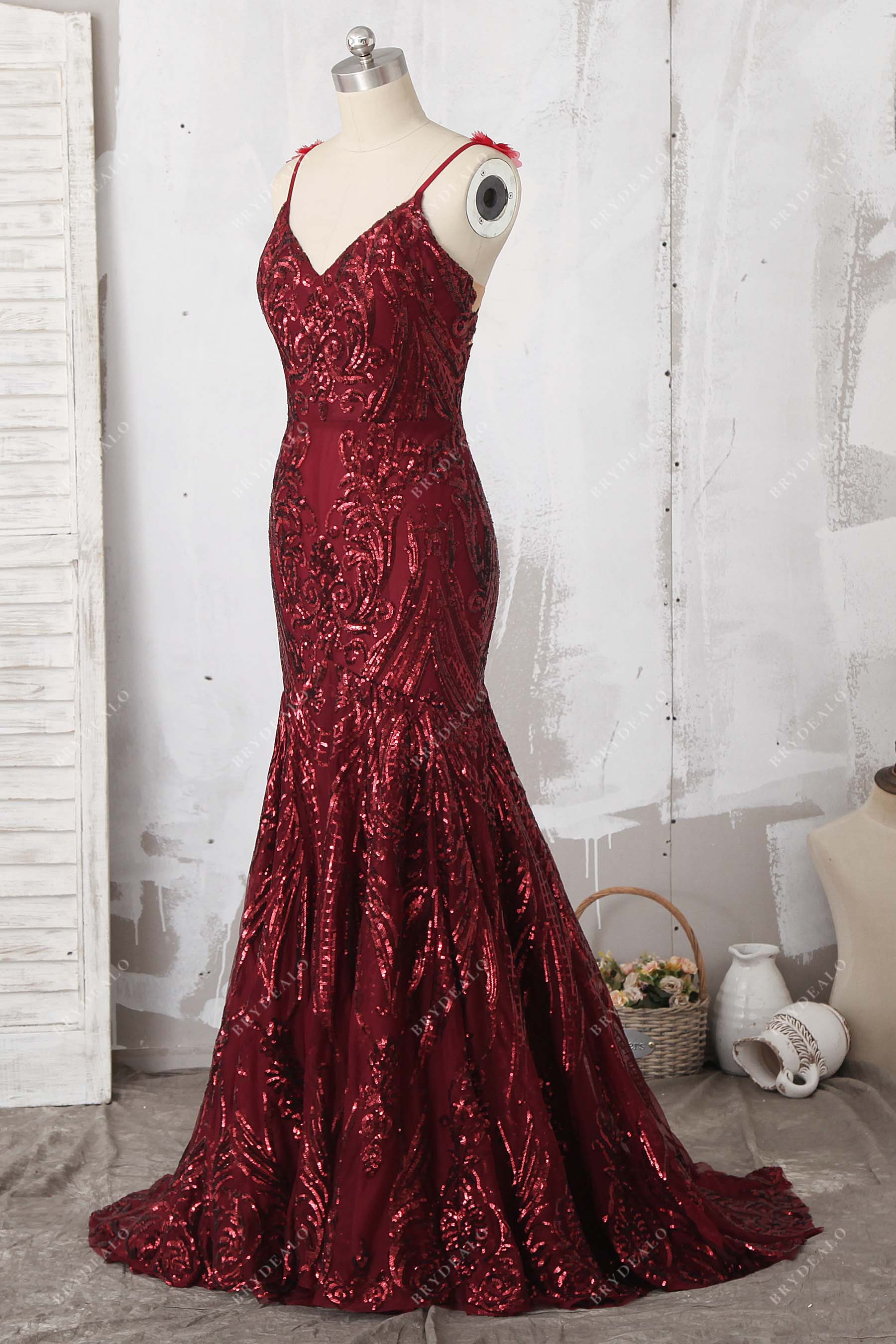 V-neck thin straps mermaid sequin gown