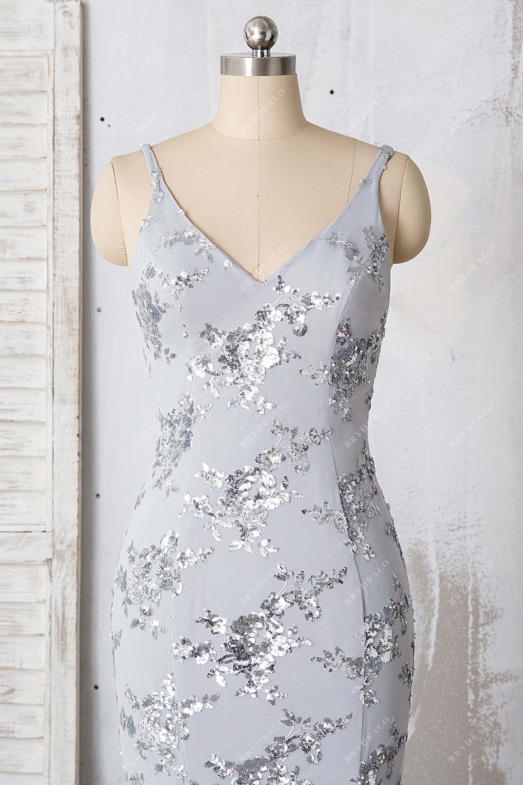 V-neck thin straps silver sequin dress